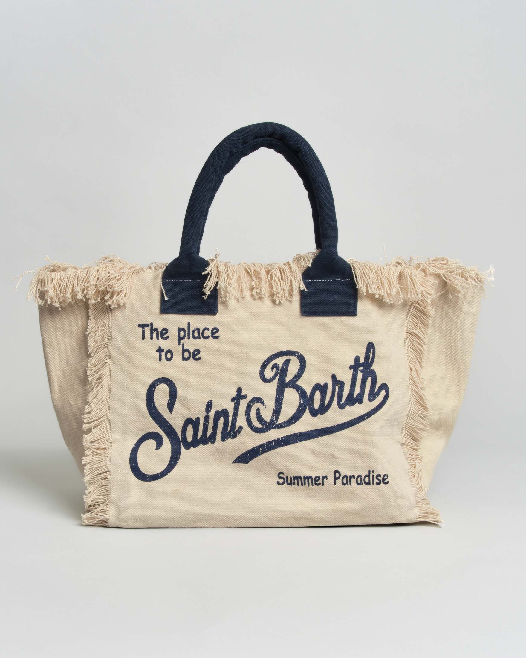 Borsa Vanity bianca in cotone con scritta logo stampata e manici blu