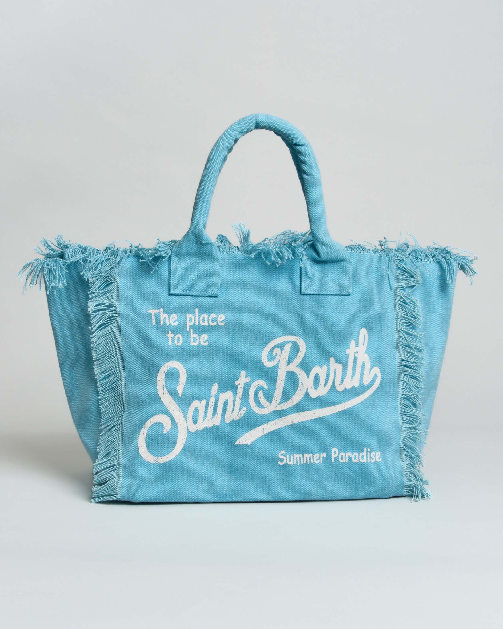 MC2 Saint Barth — Borsa Vanity MC2 Saint Barth azzurra in cotone con scritta logo stampata bianca e orli sfrangiati