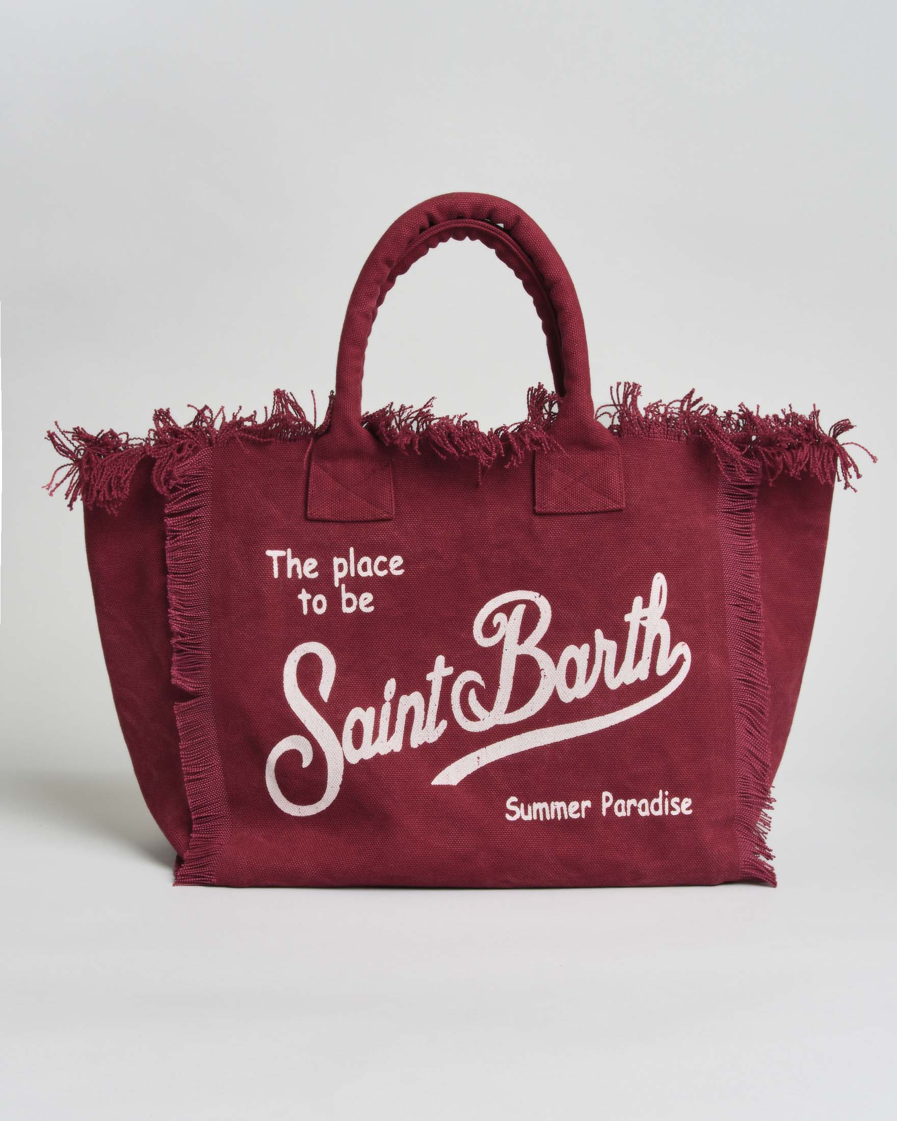 Borsa Vanity bordeaux in cotone con scritta logo stampata bianca e orli sfrangiati