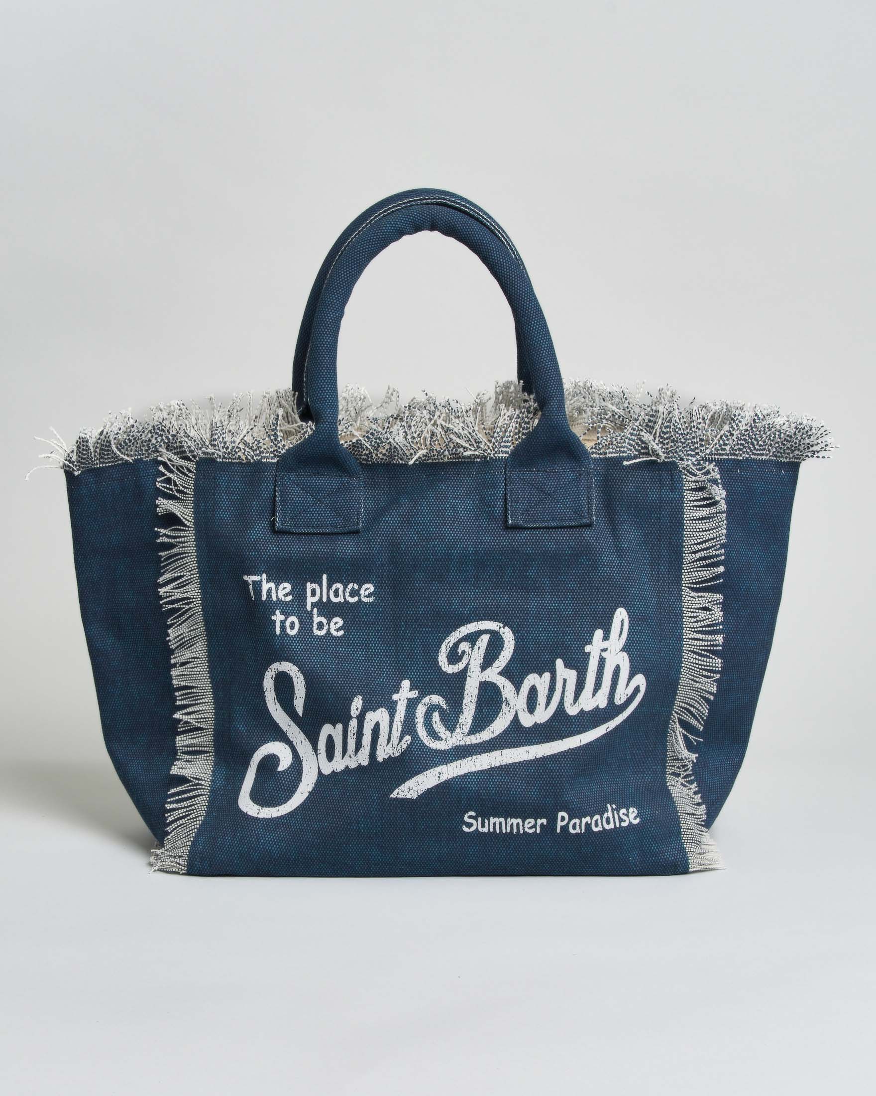 Borsa Vanity MC2 Saint Barth in cotone indaco con scritta logo e frange bianche
