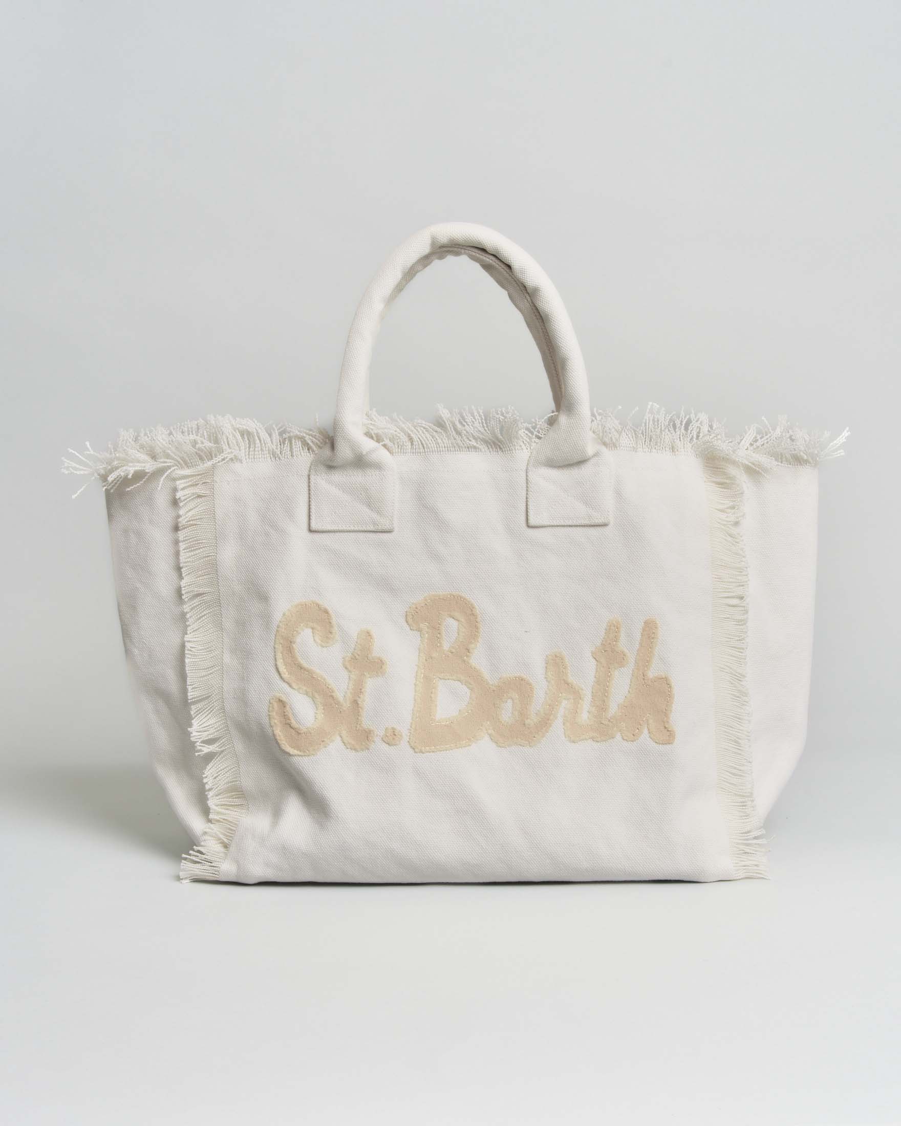 Borsa Vanity bianca in cotone con patch logo beige e orli sfrangiati