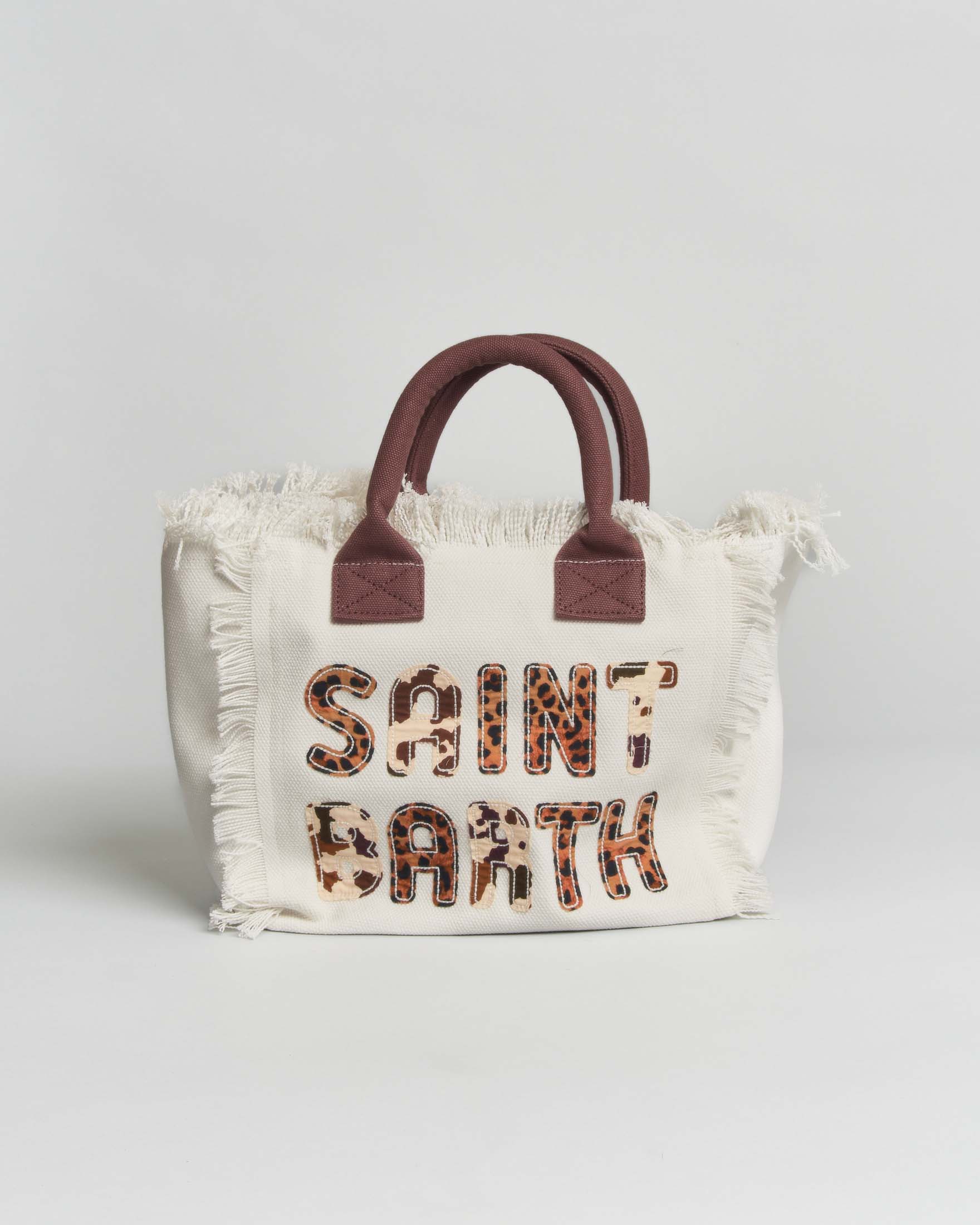 Borsa Colette MC2 Saint Barth bianca in cotone con patch logo in stampa animalier e manici marroni