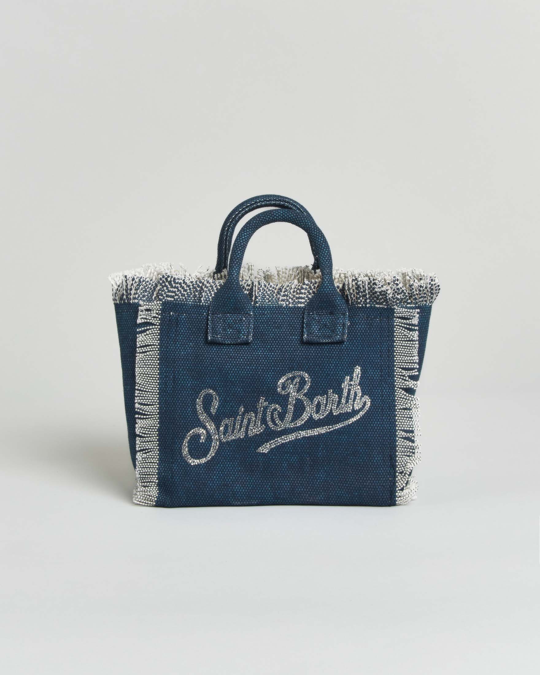 Borsa Vanity Mini MC2 Saint Barth in cotone indaco con scritta logo in strass e orli sfrangiati