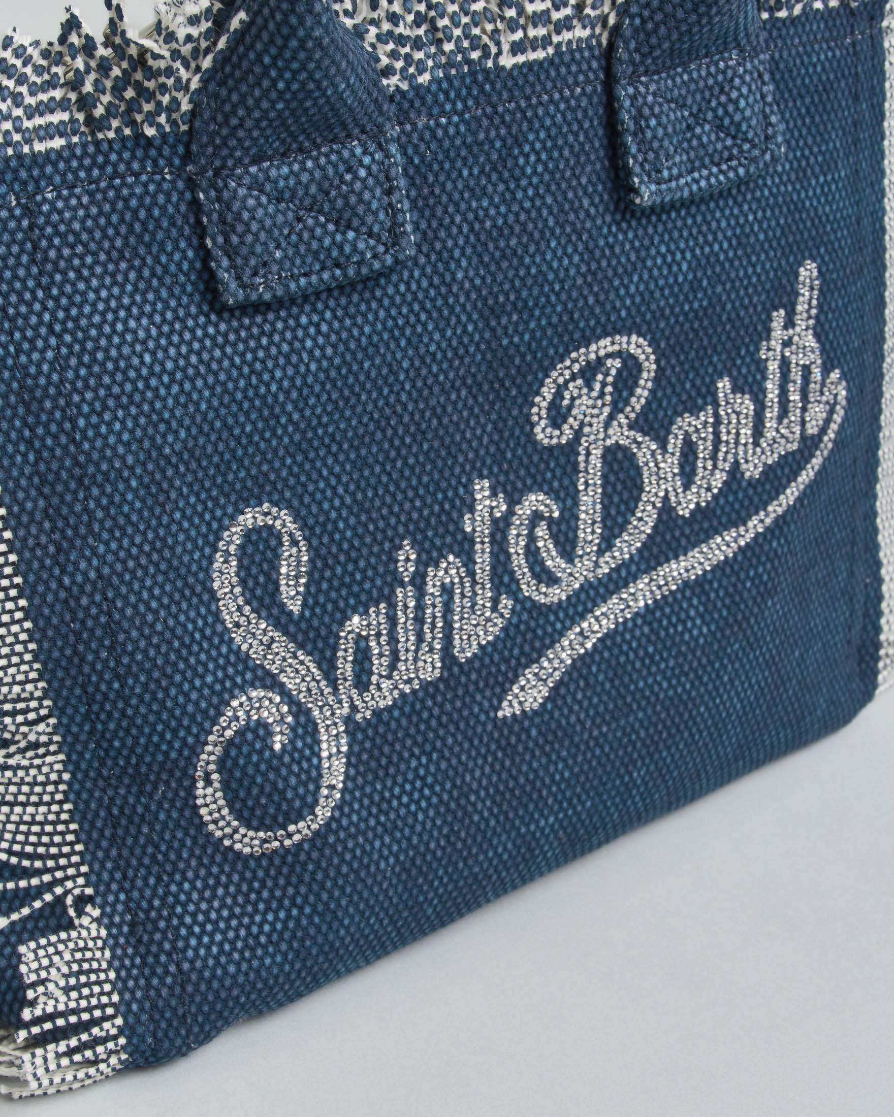 Borsa Vanity Mini MC2 Saint Barth in cotone indaco con scritta logo in strass e orli sfrangiati image