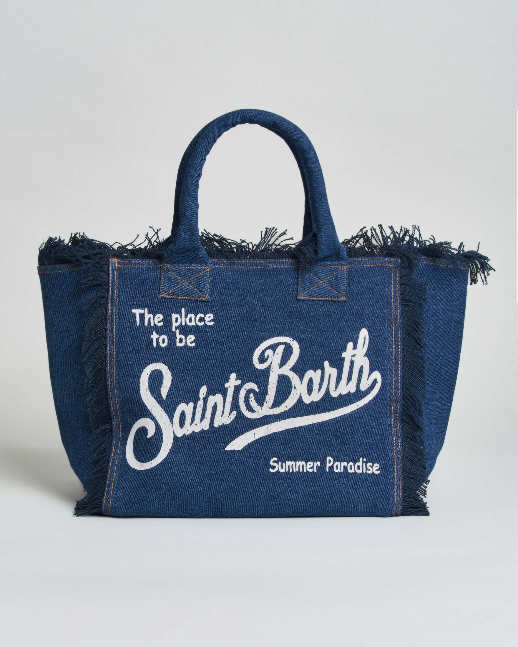 Borsa Vanity in denim scuro di cotone con scritta logo stampata e orli sfrangiati