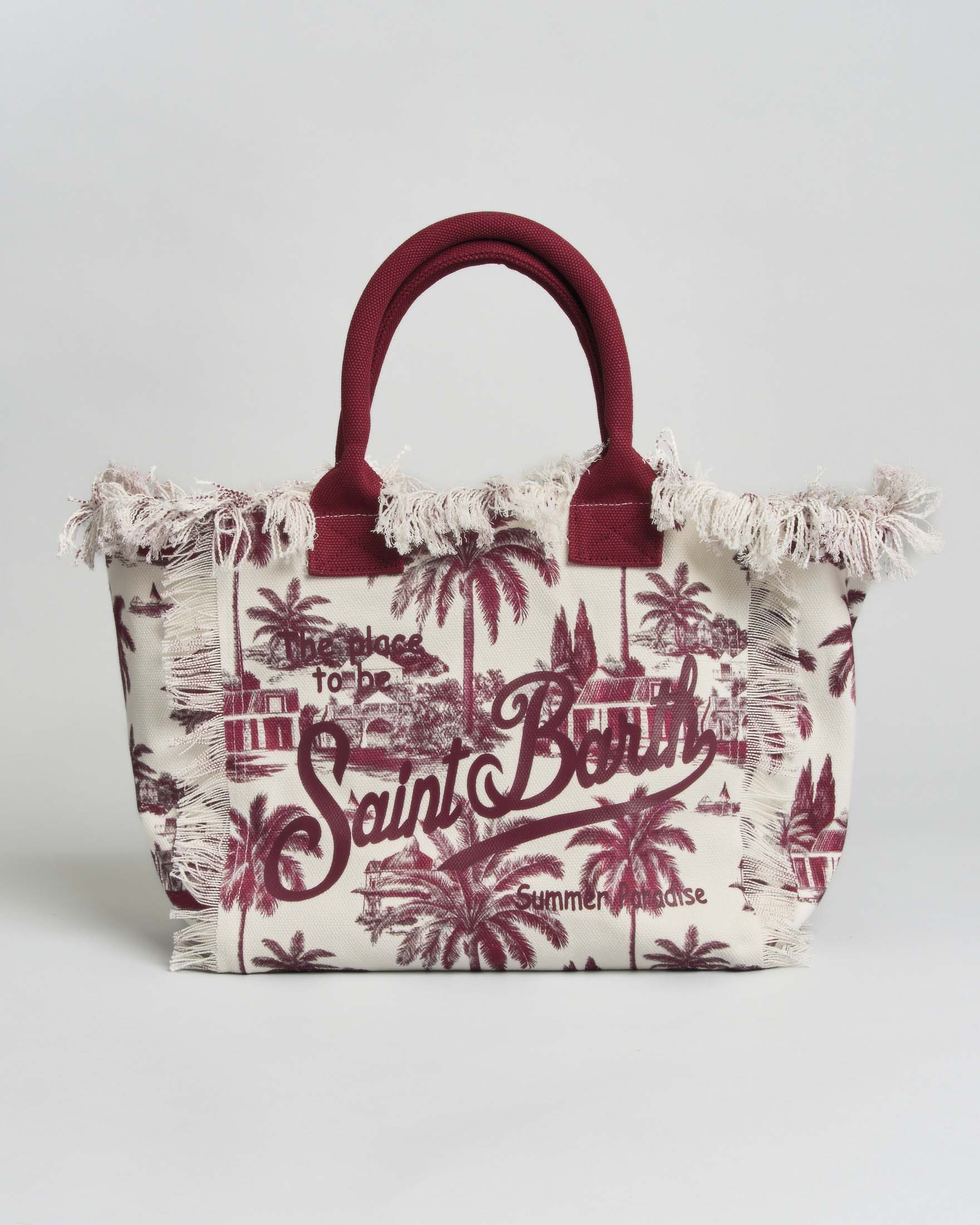 Borsa Vanity MC2 Saint Barth in cotone stampa toile de jouy e manici bordeaux