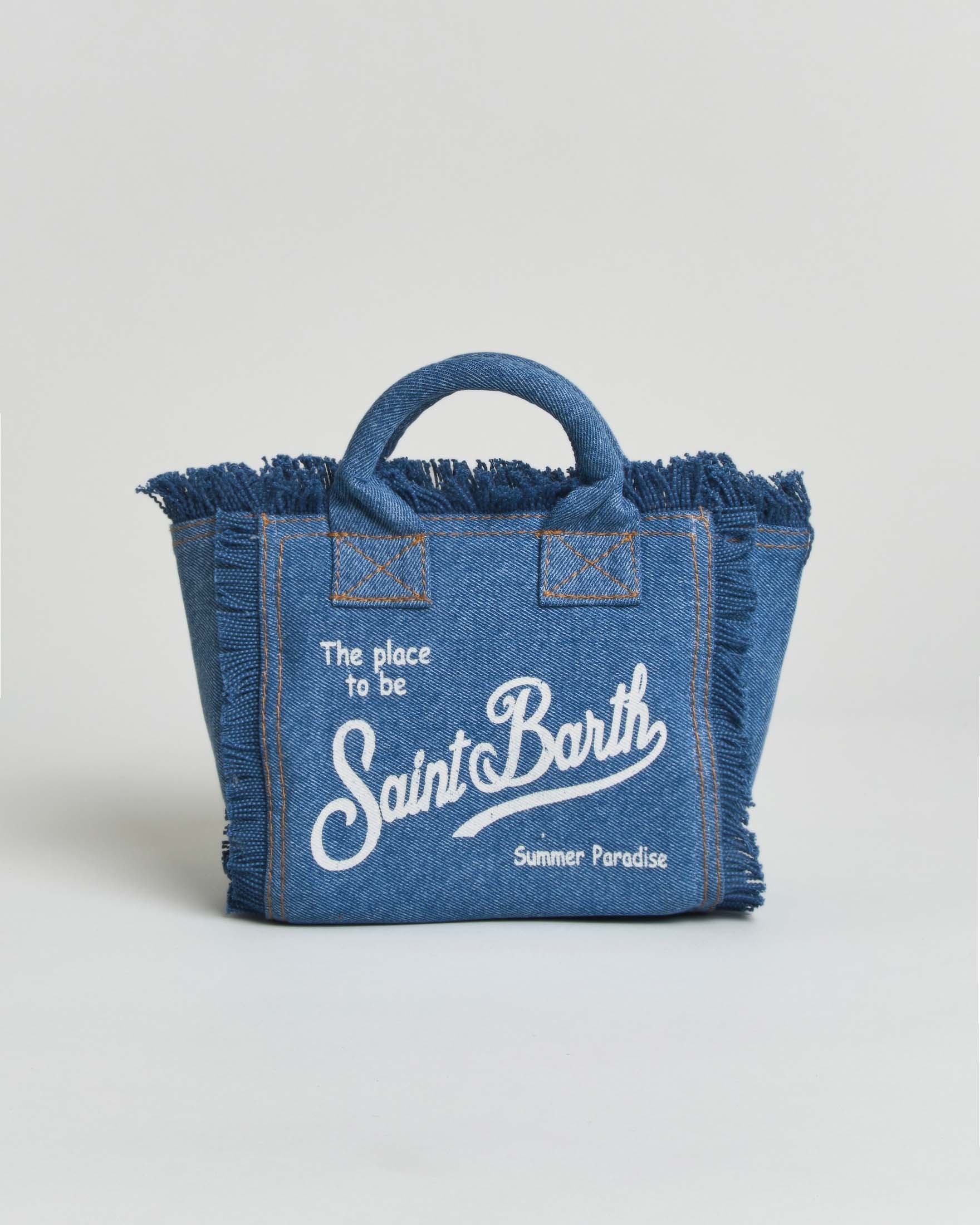 Borsa Vanity Mini in denim lavaggio medio con scritta logo e orli sfrangiati