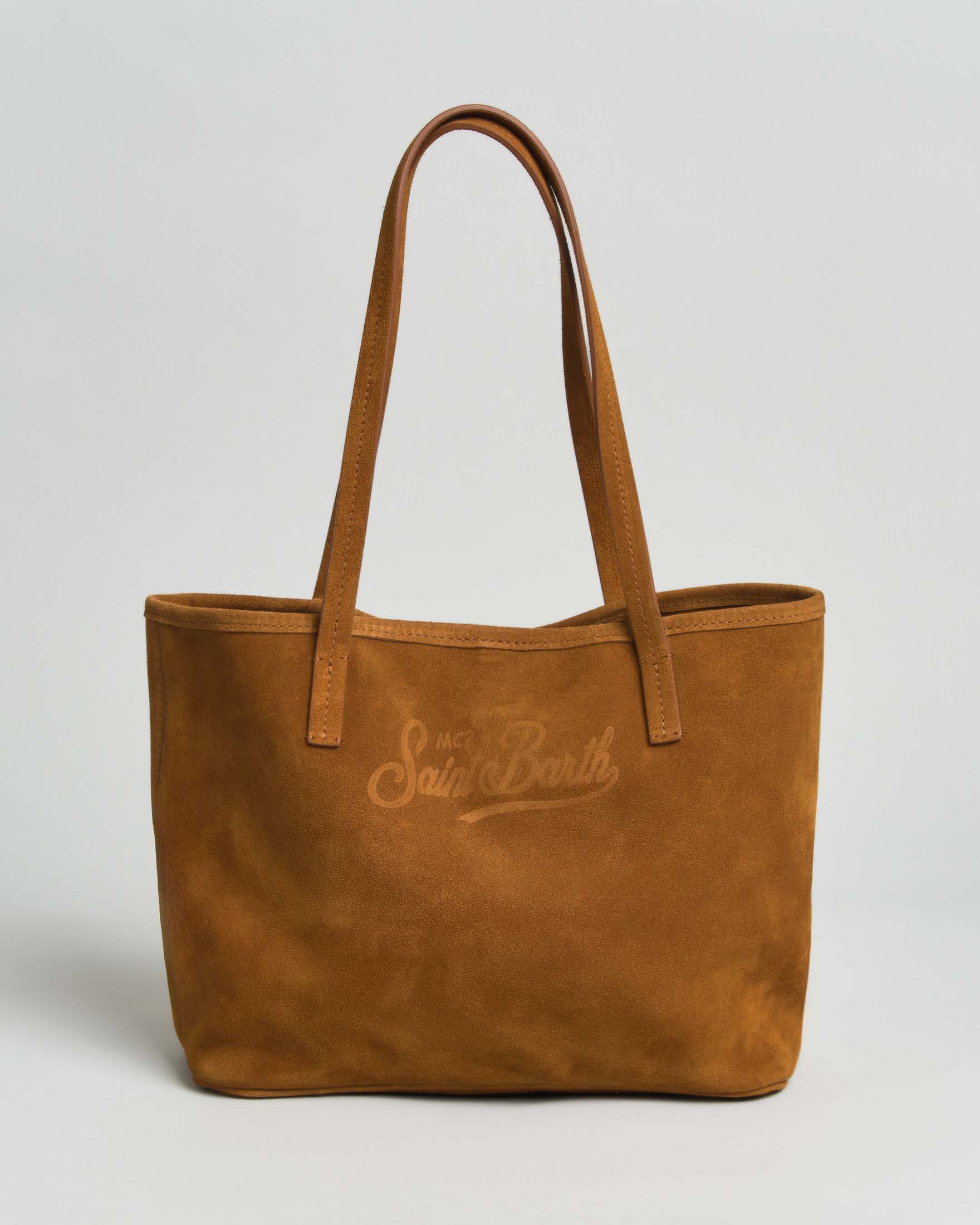 Borsa City Medium in suede cuoio con chiusura a zip e doppio manico lungo scamosciato