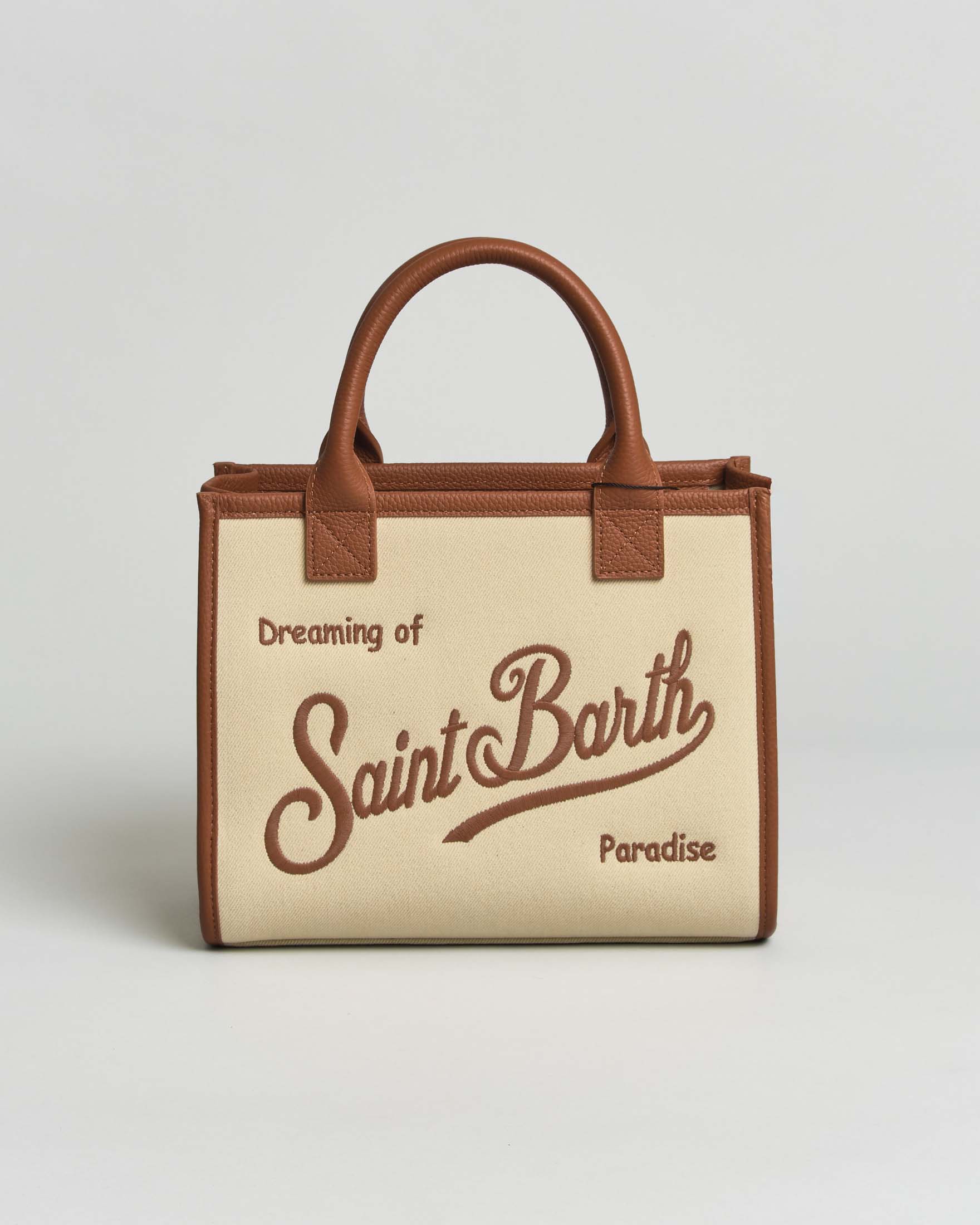 Borsa Vanity Midi in canvas écru con finiture e manici in pelle color cuoio
