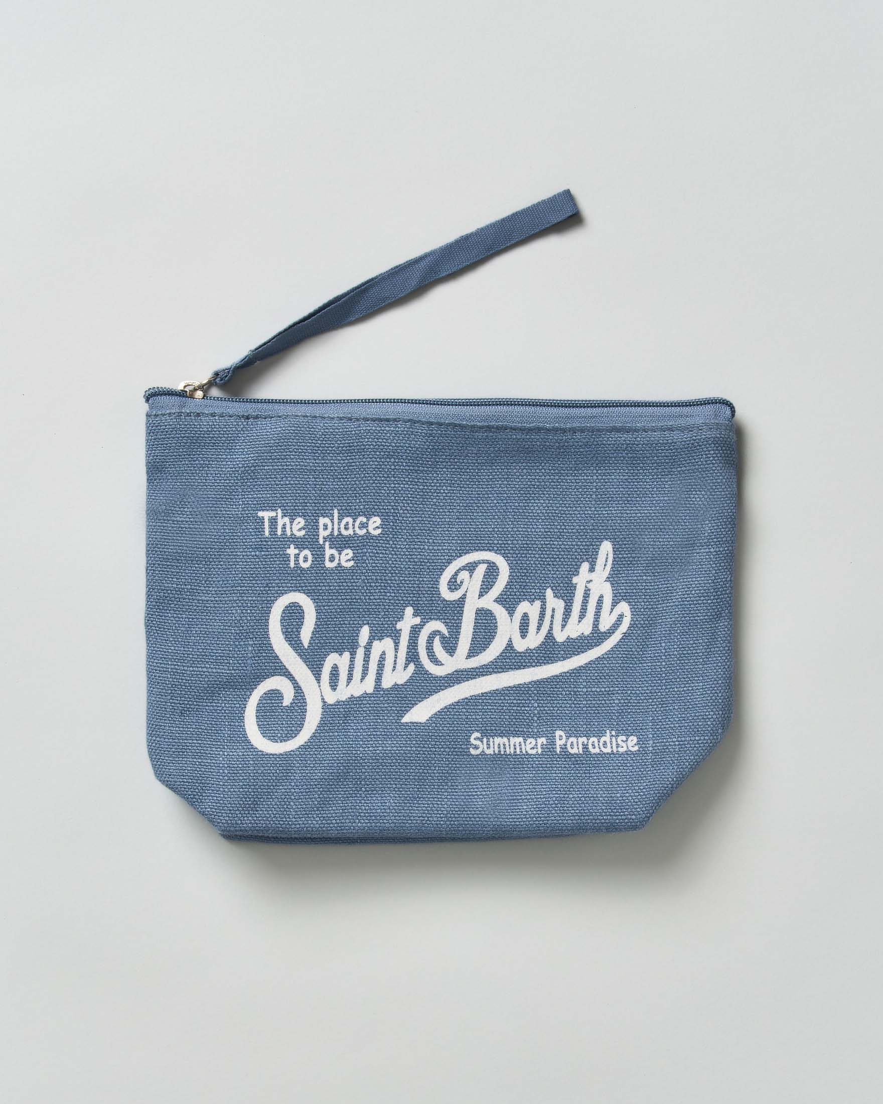 Pochette MC2 Saint Barth Aline color avio in lino con scritta logo stampata bianca