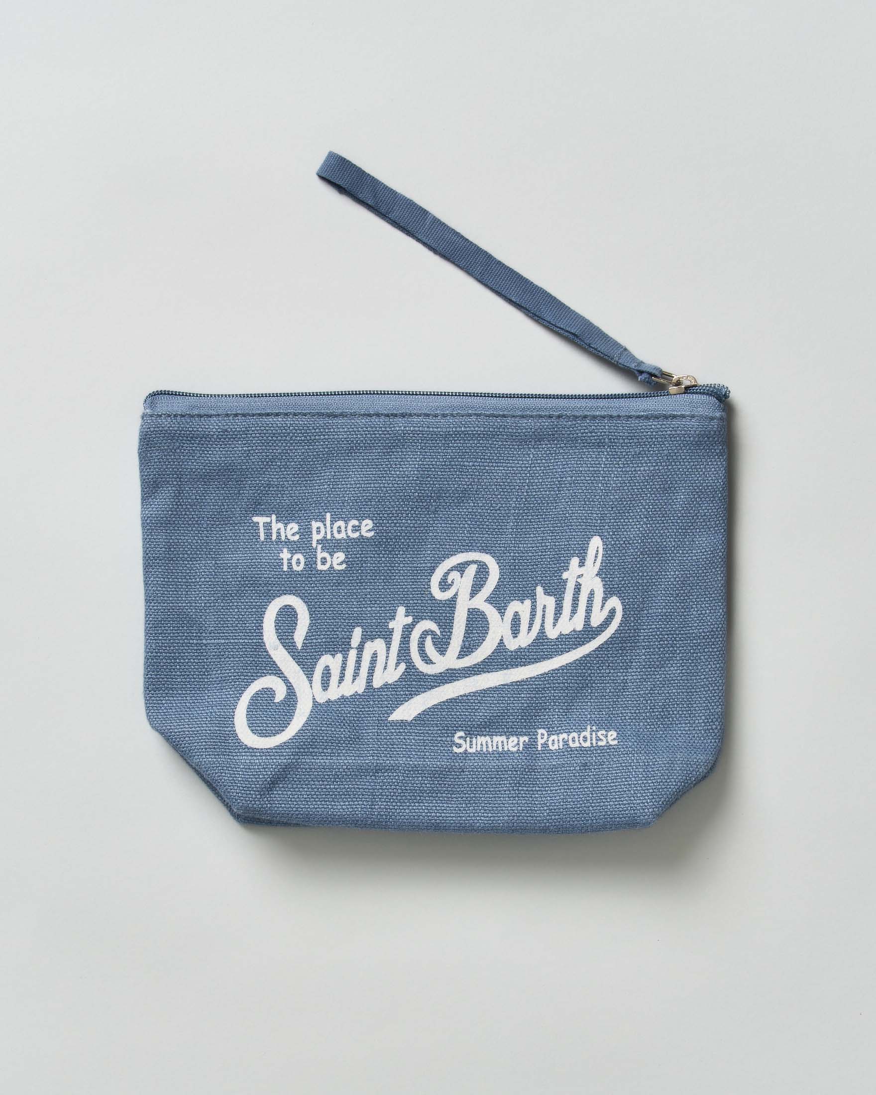 Pochette MC2 Saint Barth Aline color avio in lino con scritta logo stampata bianca image