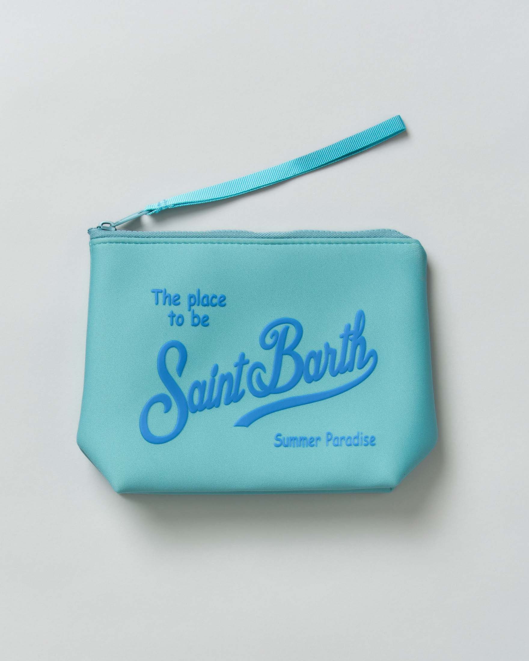 MC2 Saint Barth — Pochette MC2 Saint Barth Aline azzurra in scuba con scritta logo stampata a contrasto