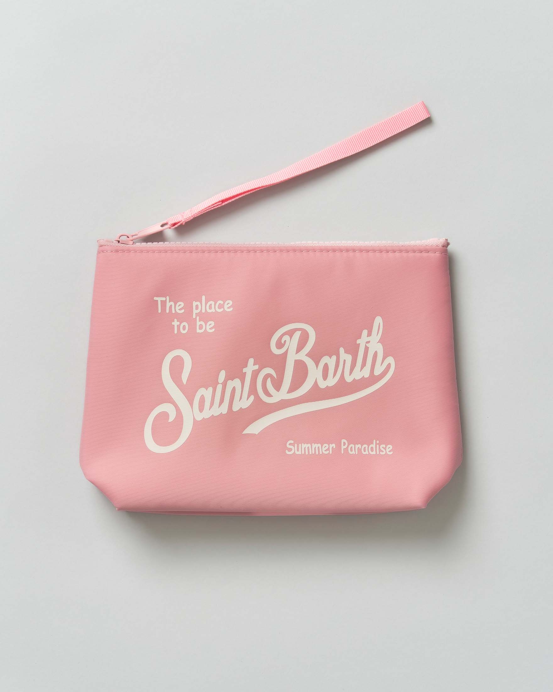 Pochette rosa in nylon con stampa logo a contrasto e laccio da polso