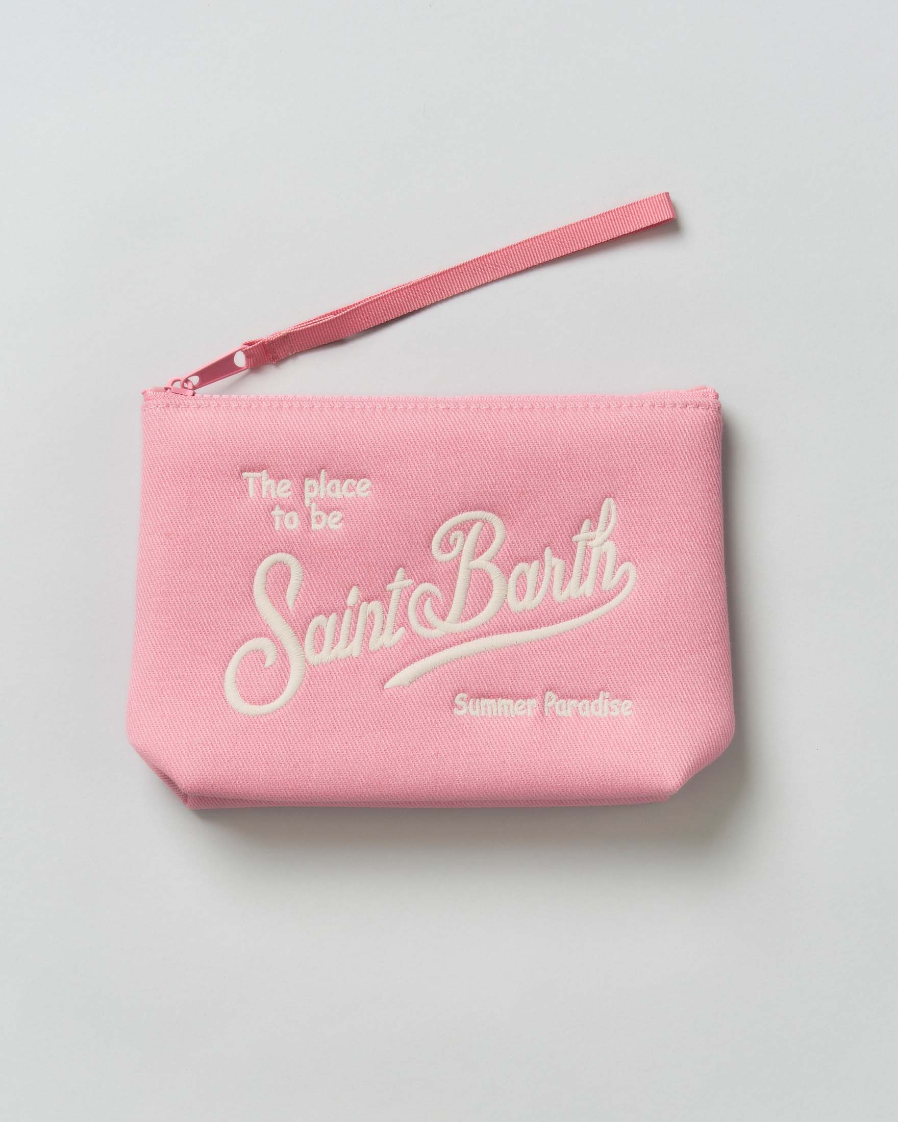 Pochette rosa in denim bull di cotone con scritta logo rimata a contrasto