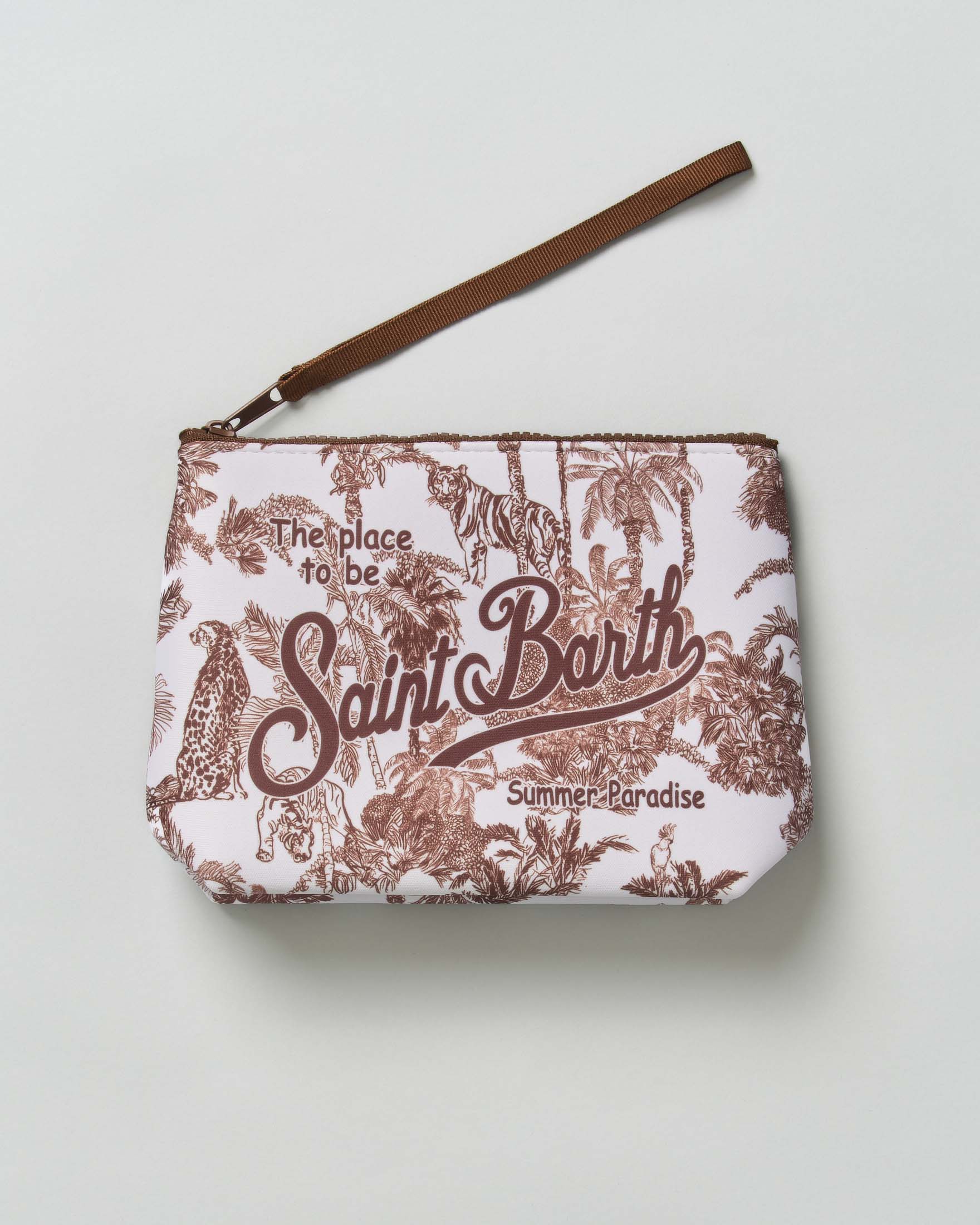 Pochette Aline bianca in scuba fantasia jungle con scritta logo stampata