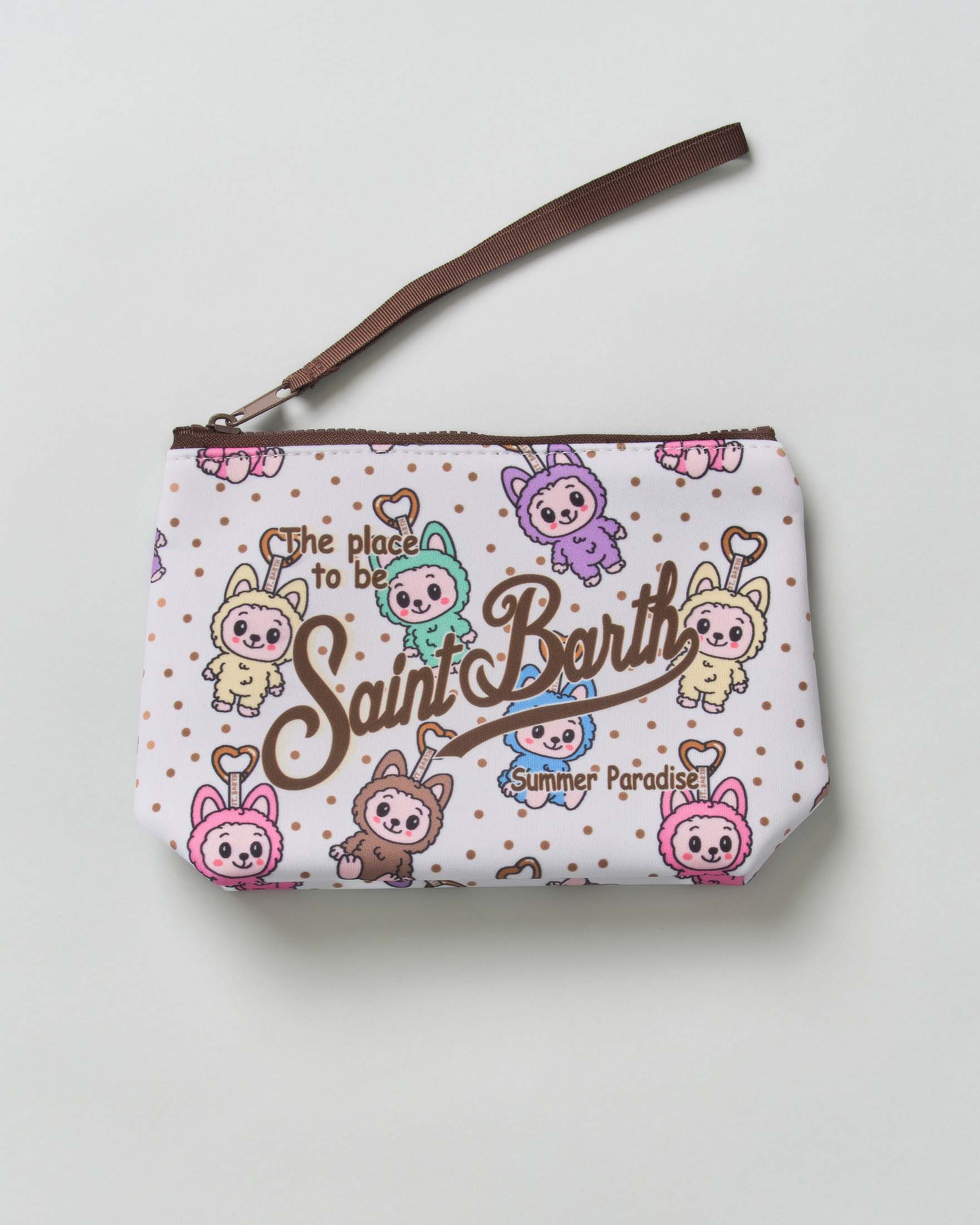 Pochette MC2 Saint Barth Aline bianca in scuba fantasia Labubu con scritta logo stampata