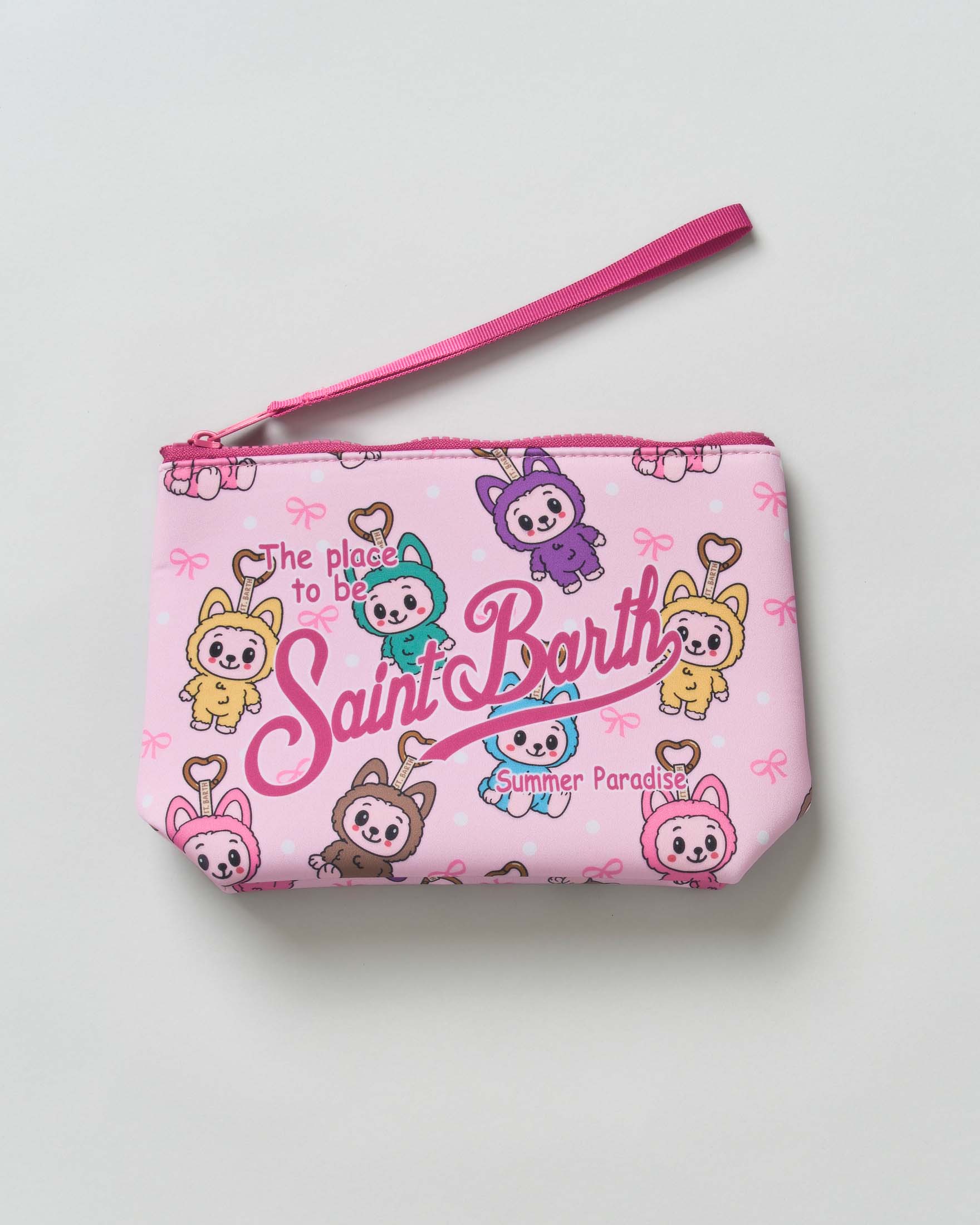 Pochette MC2 Saint Barth Aline rosa in scuba fantasia Labubu con scritta logo stampata