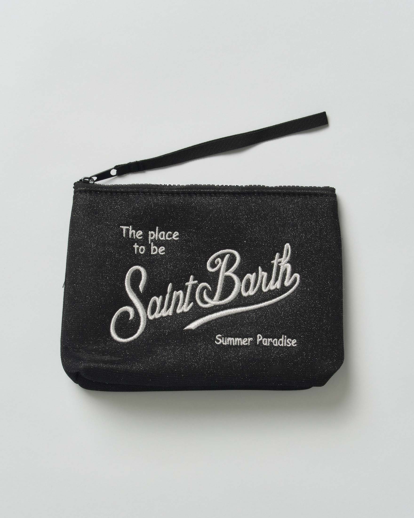 Pochette Aline nera in lurex con scritta logo ricamata bianca