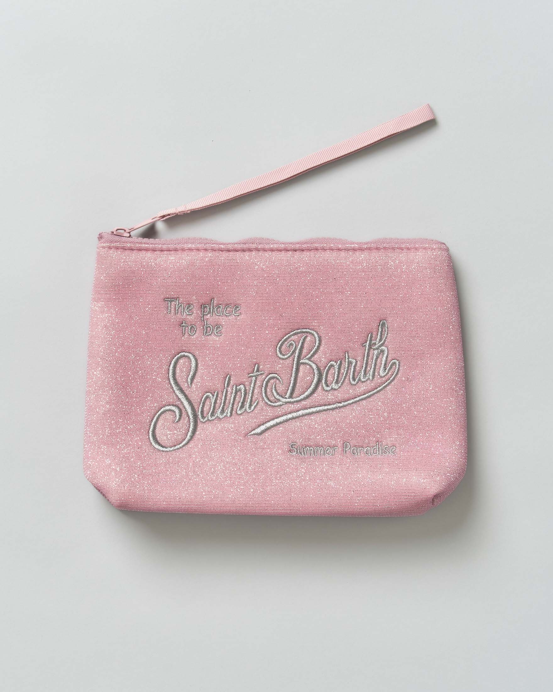 Pochette Aline nera in lurex con scritta logo ricamata argento