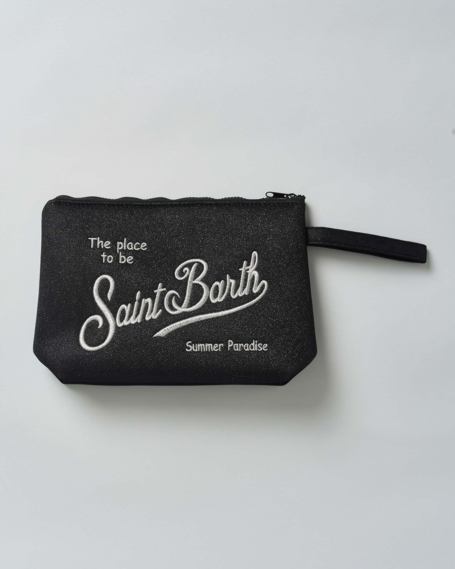 Pochette Aline grande nera in lurex con scritta logo ricamata bianca