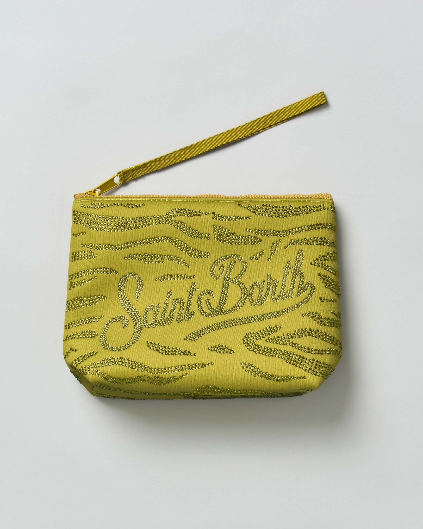 Pochette Aline lime in scuba con fantasia zebrata e logo realizzate in strass