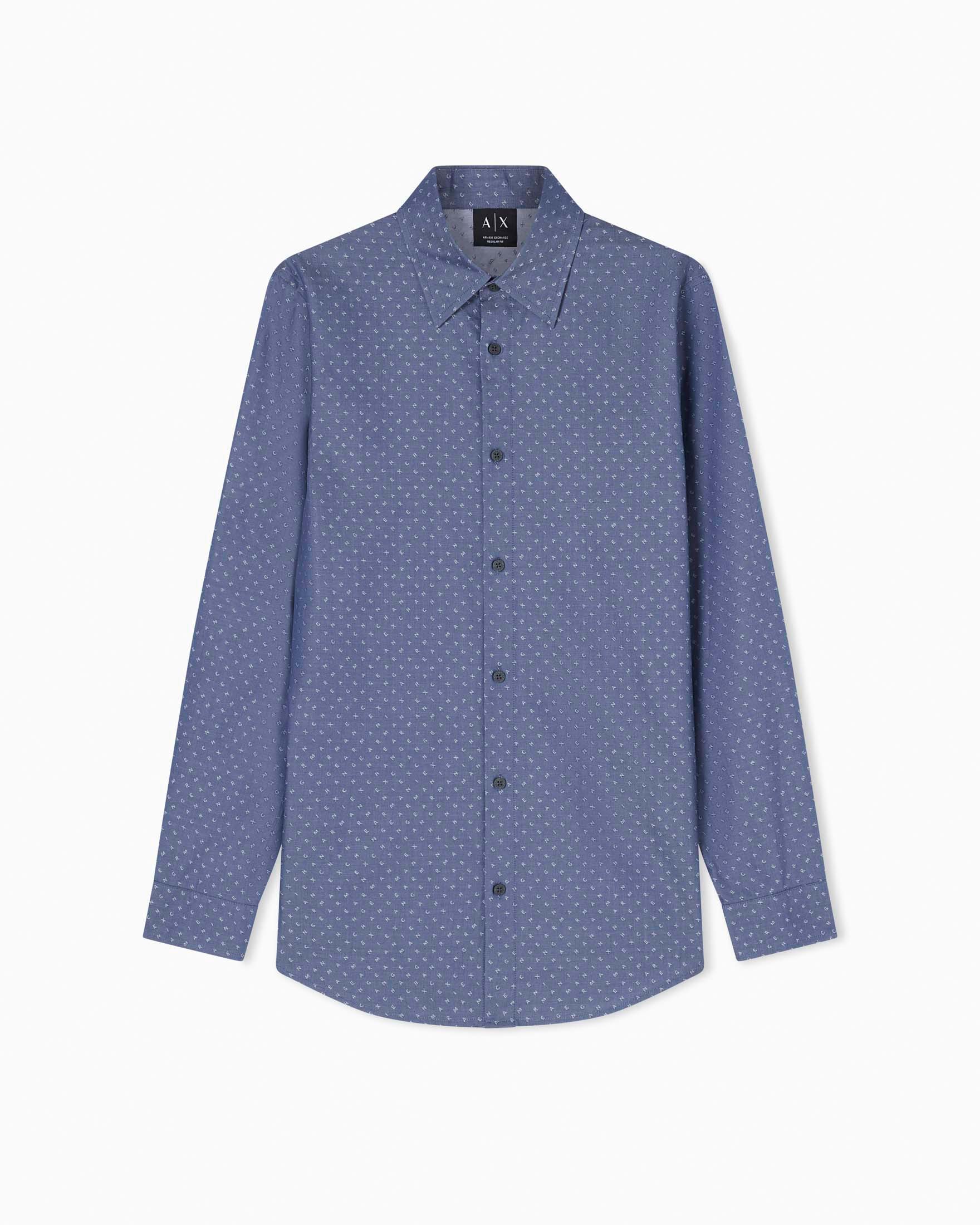 Camicia Exchange chambray blu in cotone con fantasia monogramma jacquard
