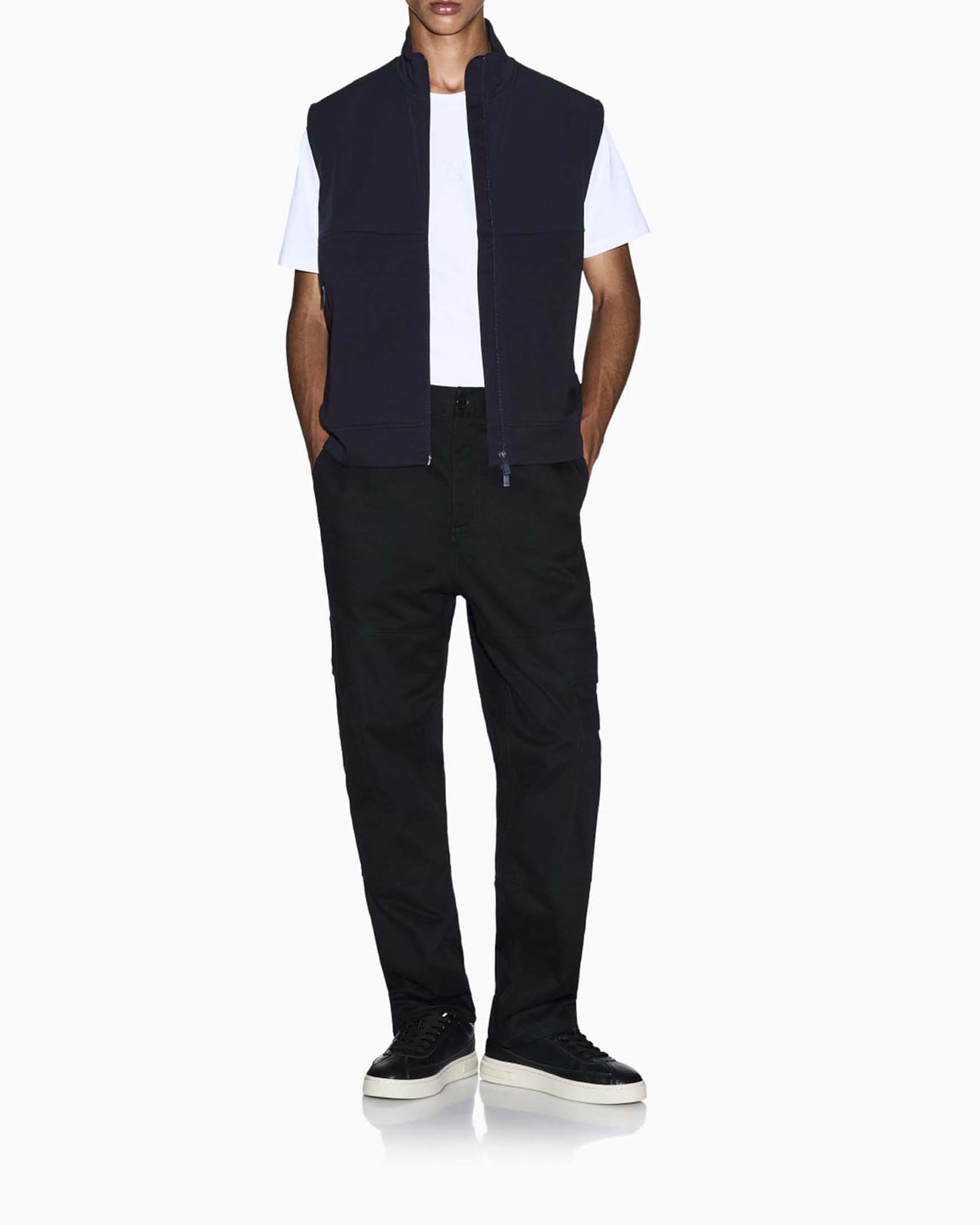 Gilet Exchange blu in interlock di misto cotone con pannello in nylon stretch e chiusura a zip