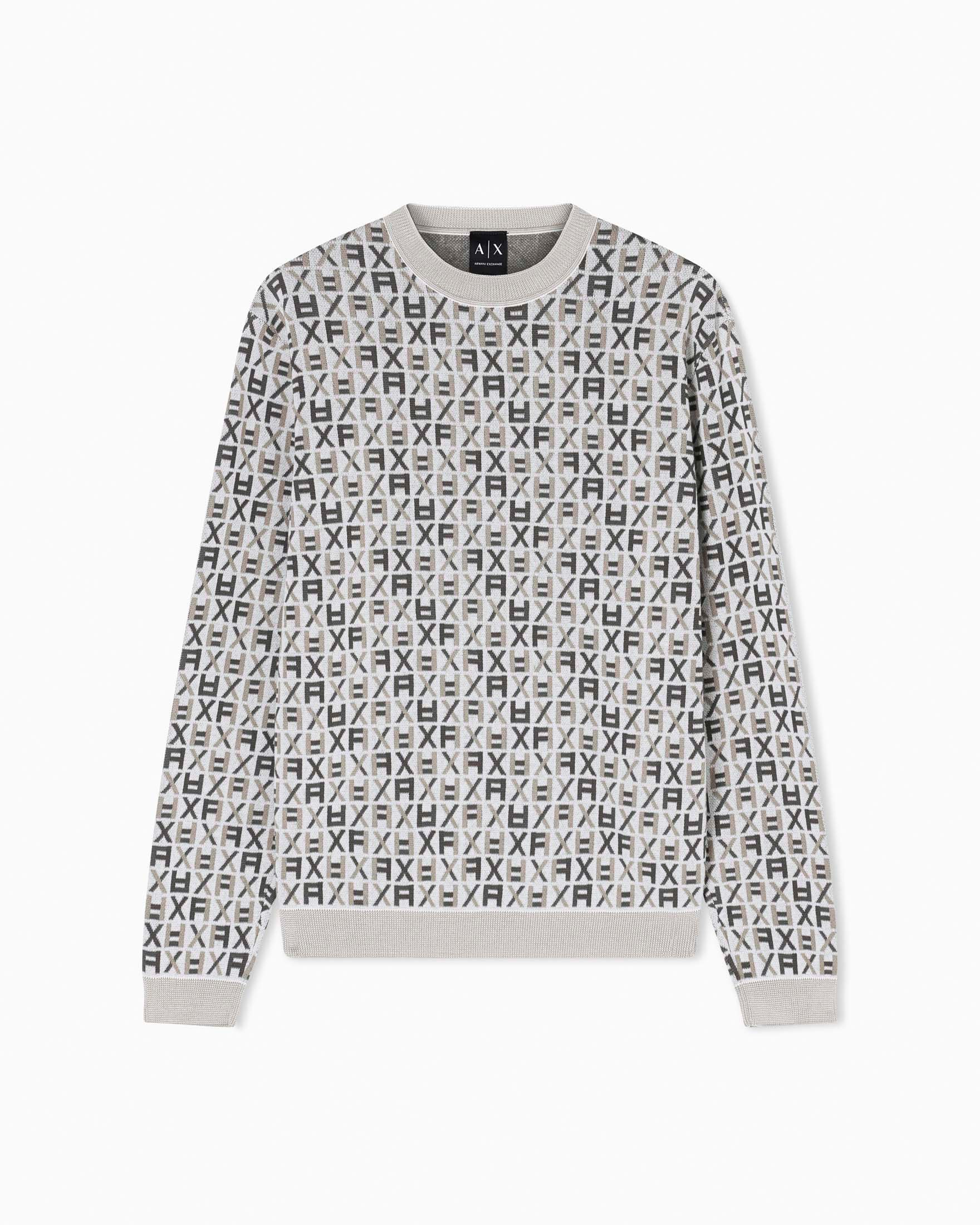 Maglia girocollo Exchange beige in cotone con logo monogramma jacquard all over