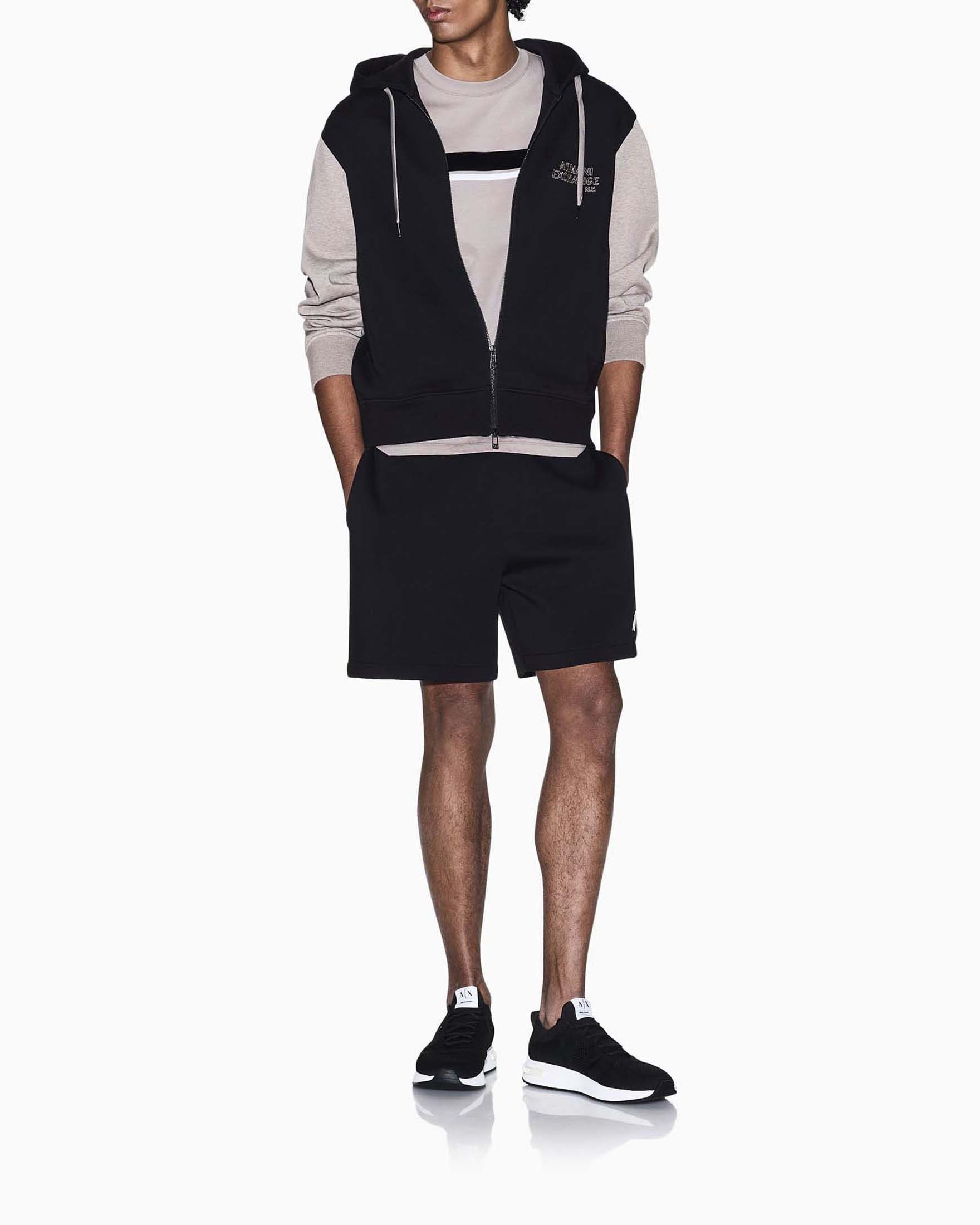Felpa bicolore Armani Exchange nera e beige in misto cotone con cappuccio e zip