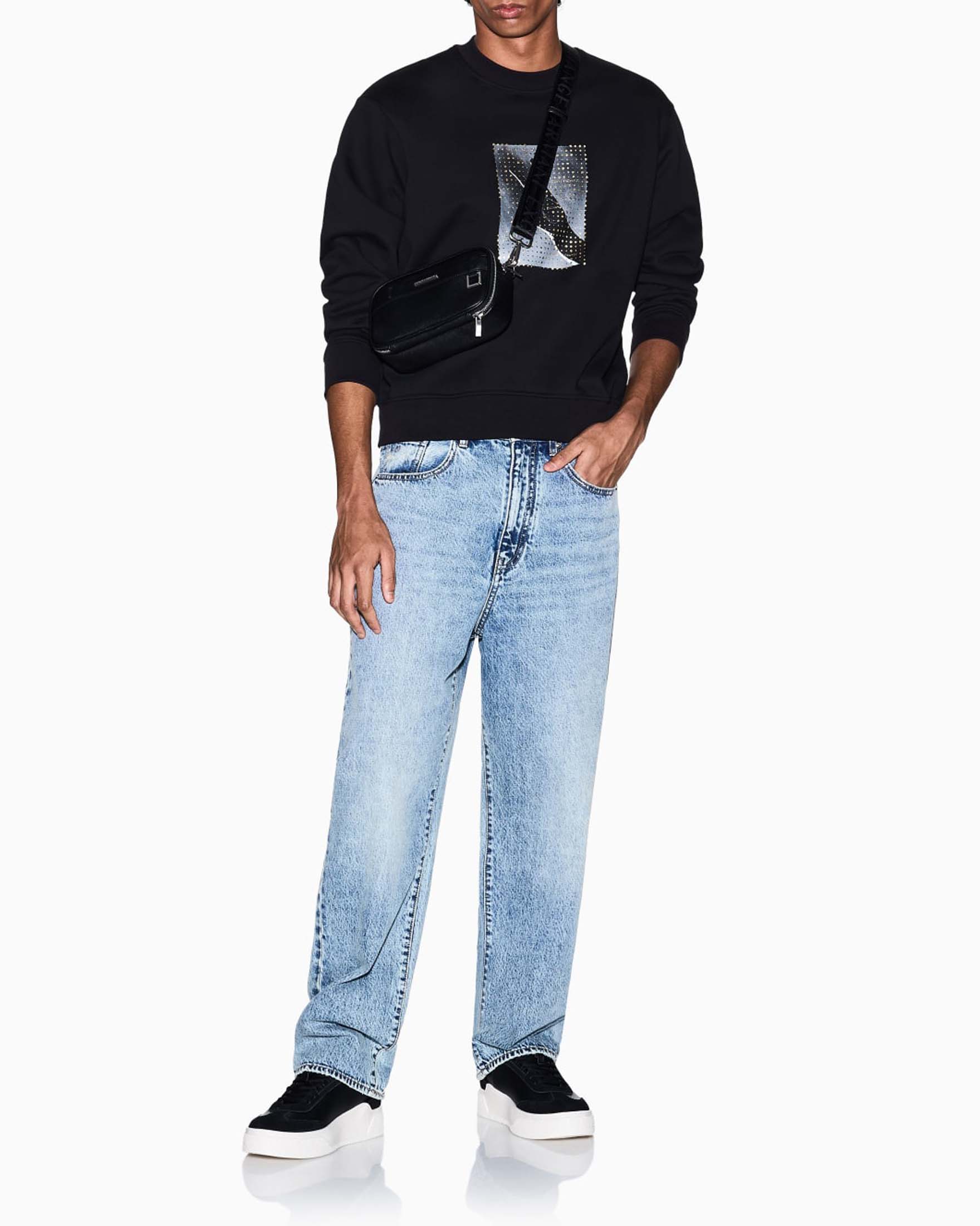 Felpa girocollo Armani Exchange nera in cotone con stampa fotografica