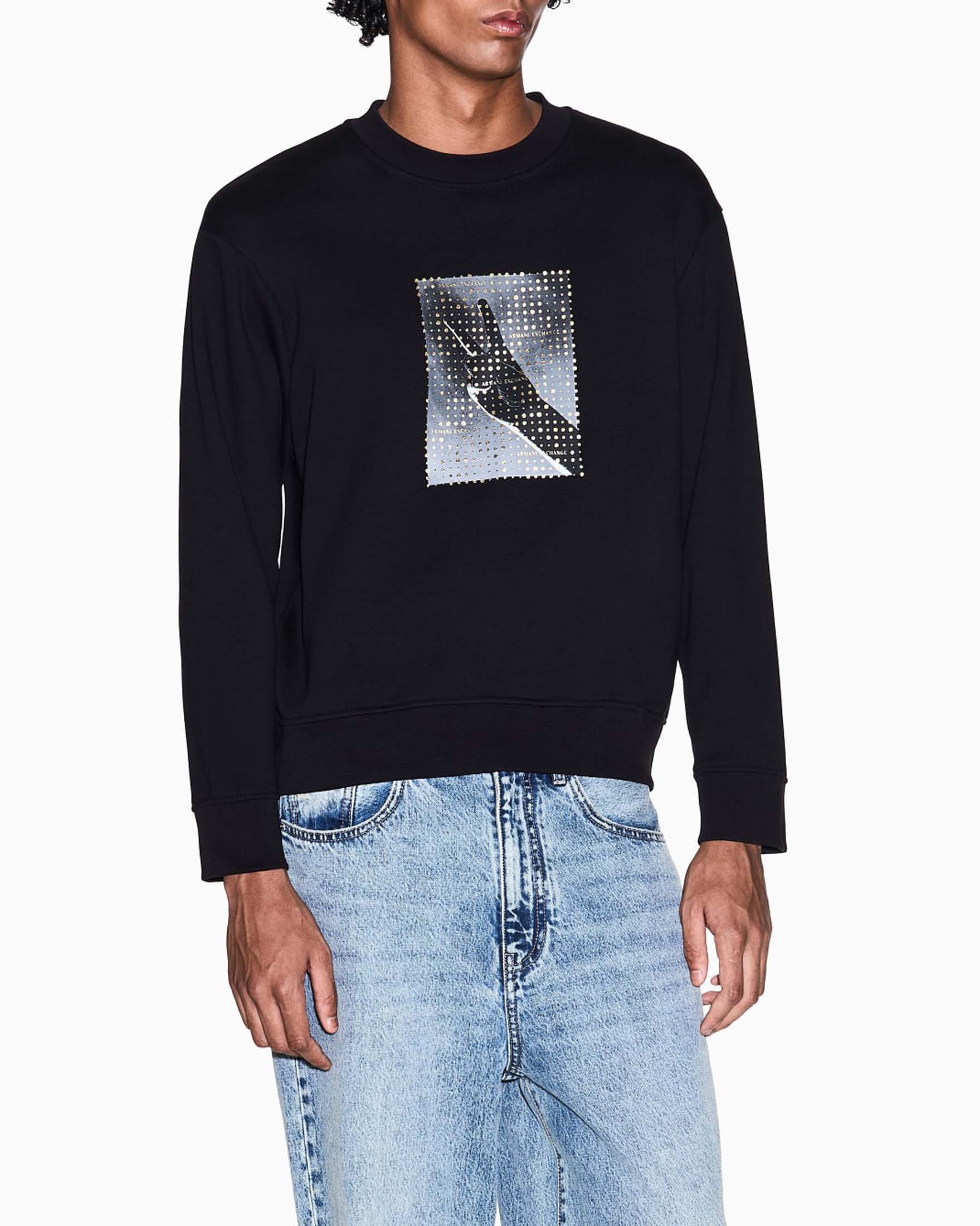 Felpa girocollo Armani Exchange nera in cotone con stampa fotografica image