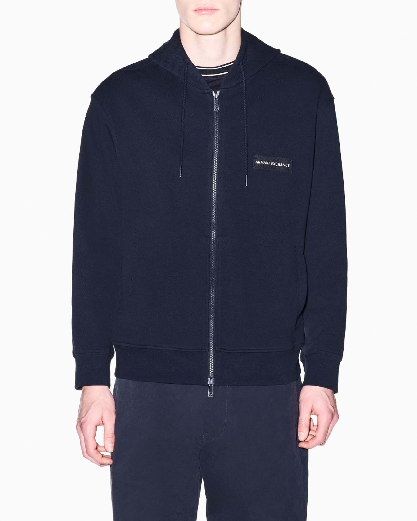 Felpa Armani Exchange blu in cotone con cappuccio e chiusura zip image