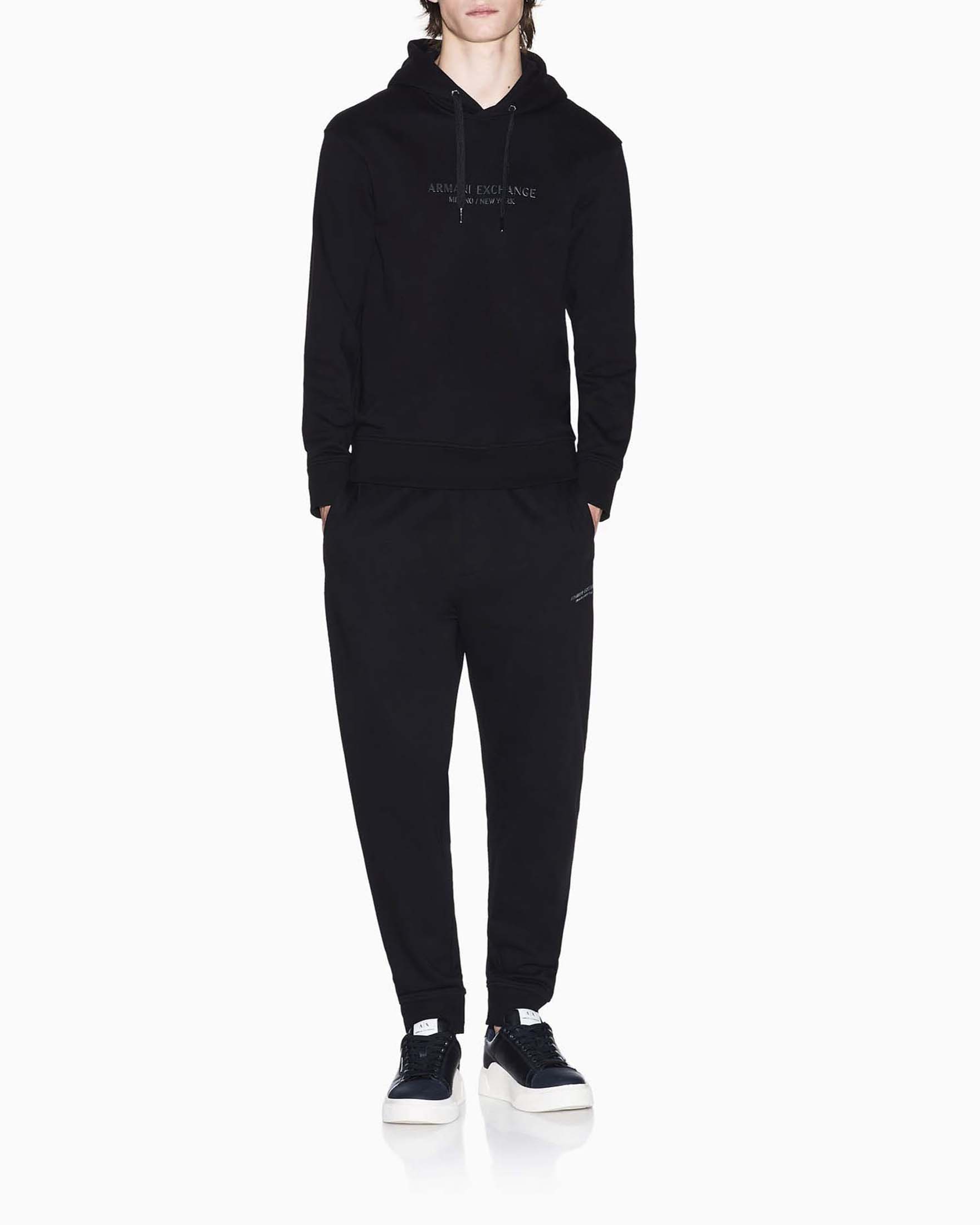 Felpa Armani Exchange nera in cotone con cappuccio e stampa logo