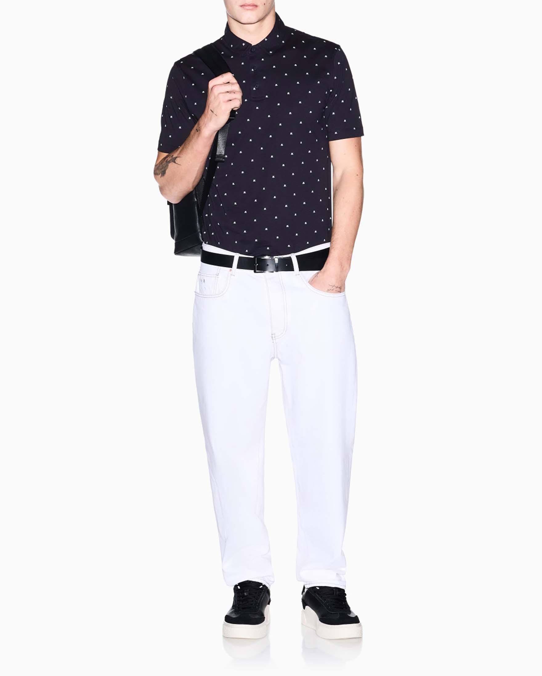 Armani Exchange — Polo Armani Exchange blu in cotone con stampa logo monogramma all over