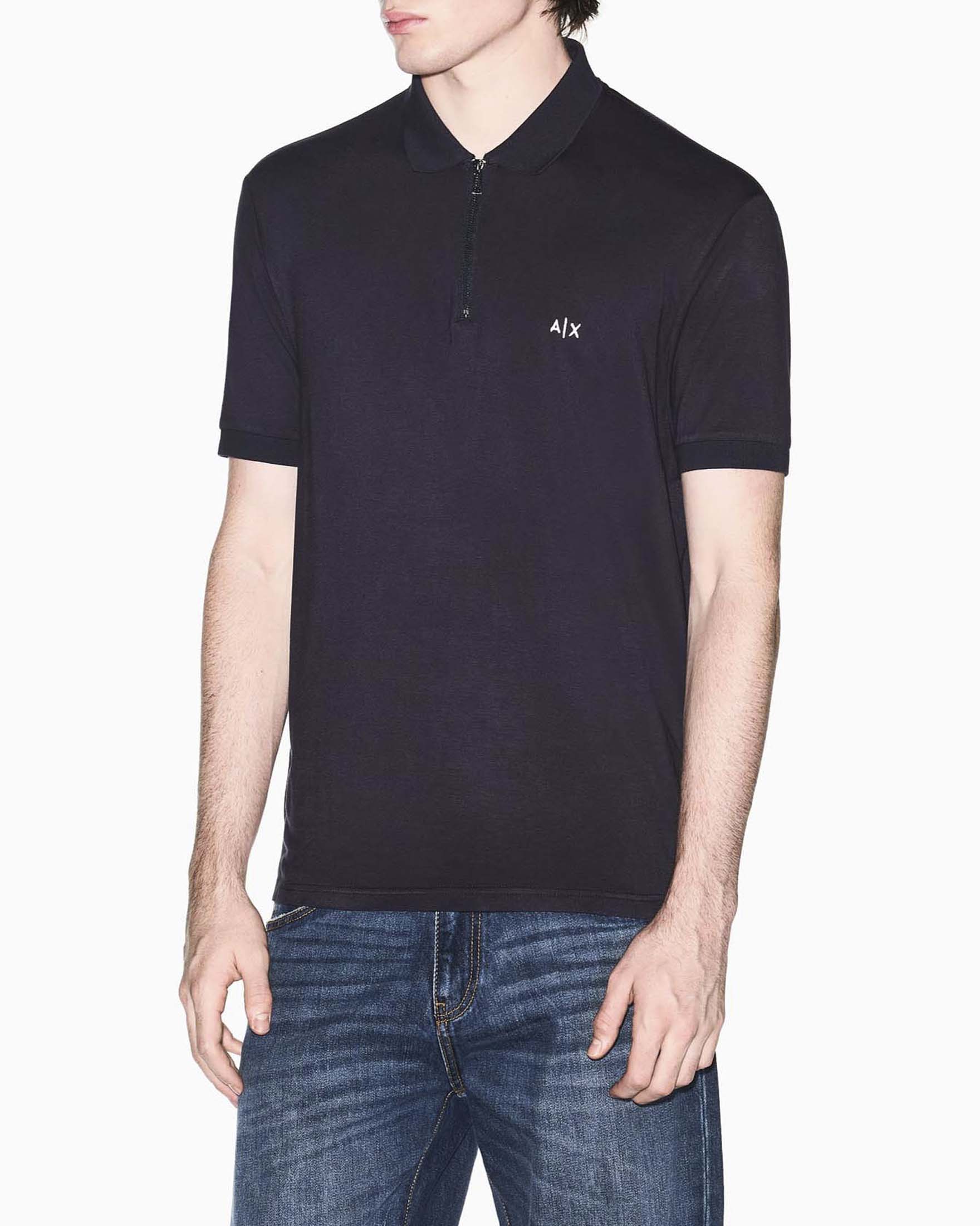 Polo Exchange blu in viscosa stretch con apertura zip e logo ricamato