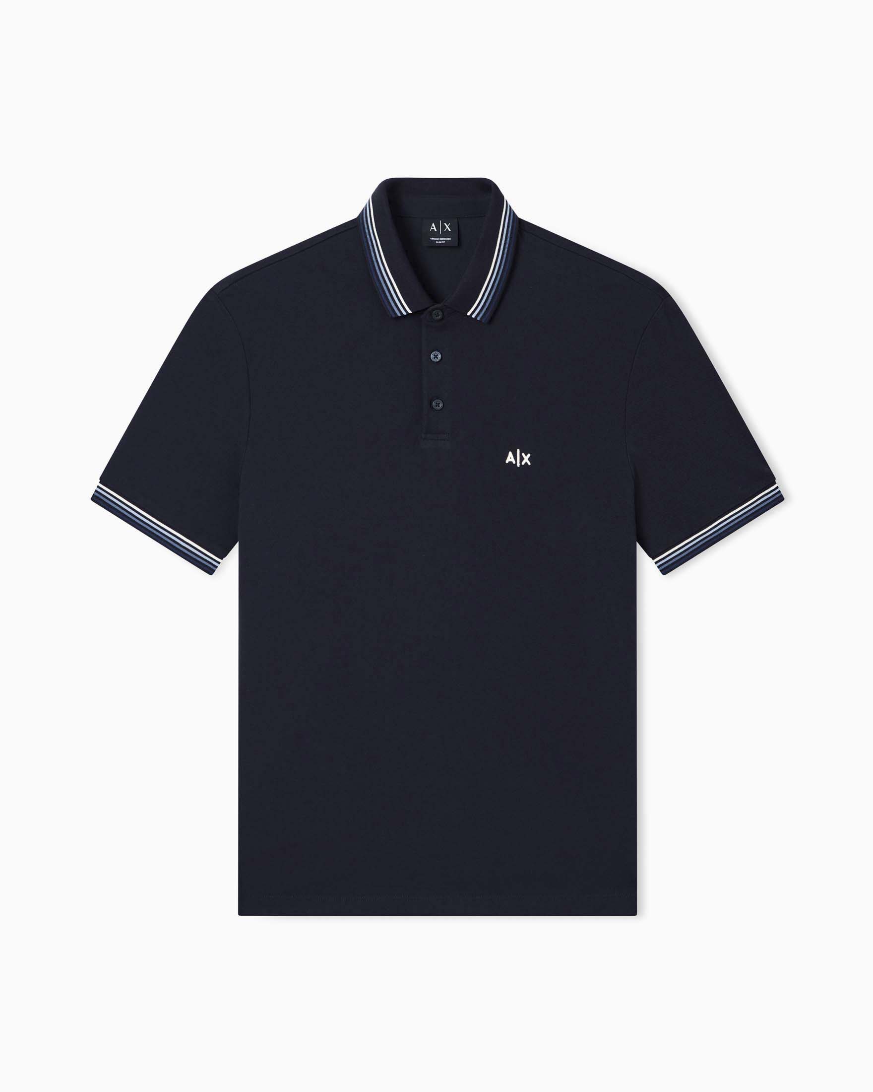 Polo Exchange blu in cotone con bordino a righe e logo ricamato
