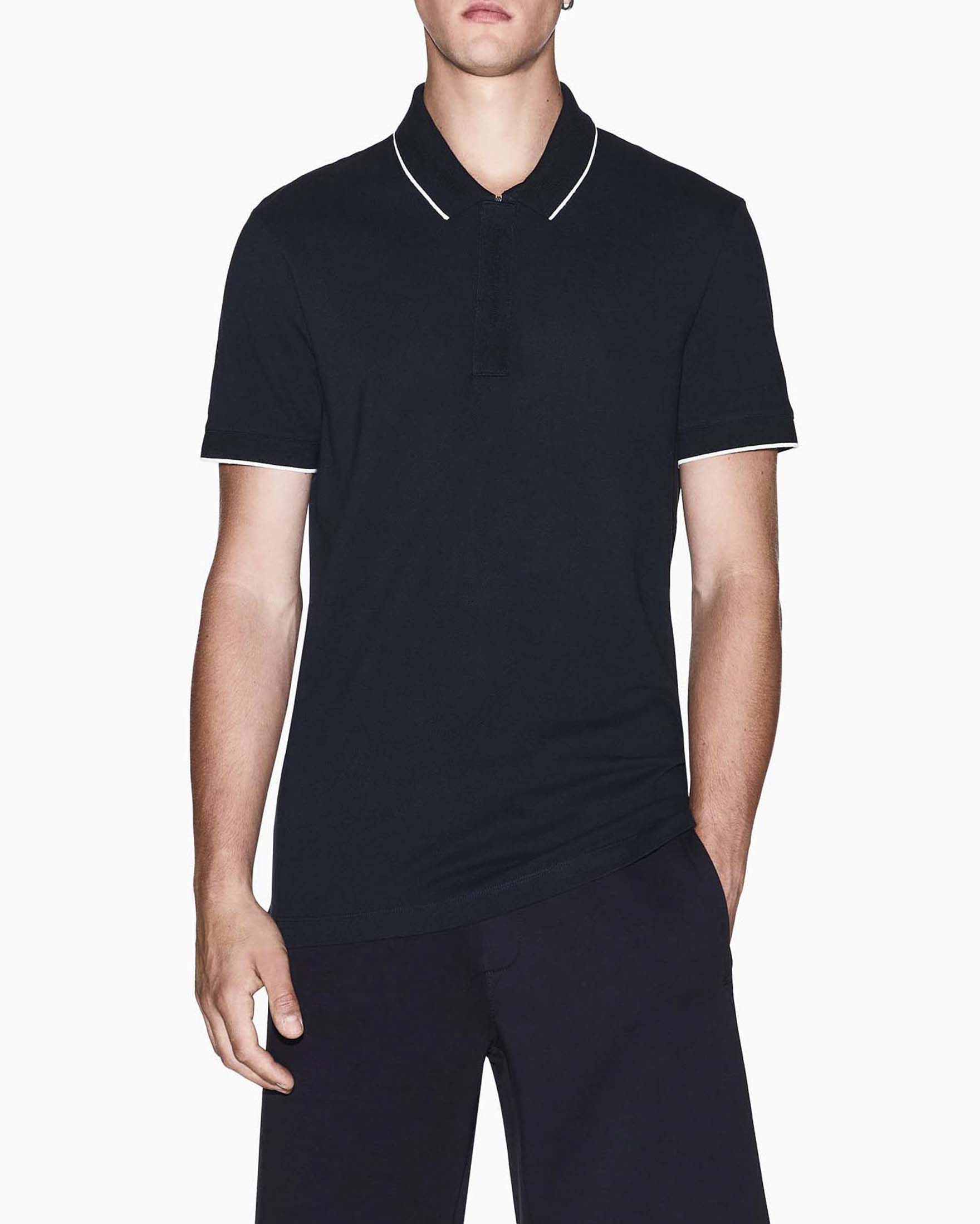 Armani Exchange — Polo Armani Exchange blu in cotone piquet con bordino a contrasto
