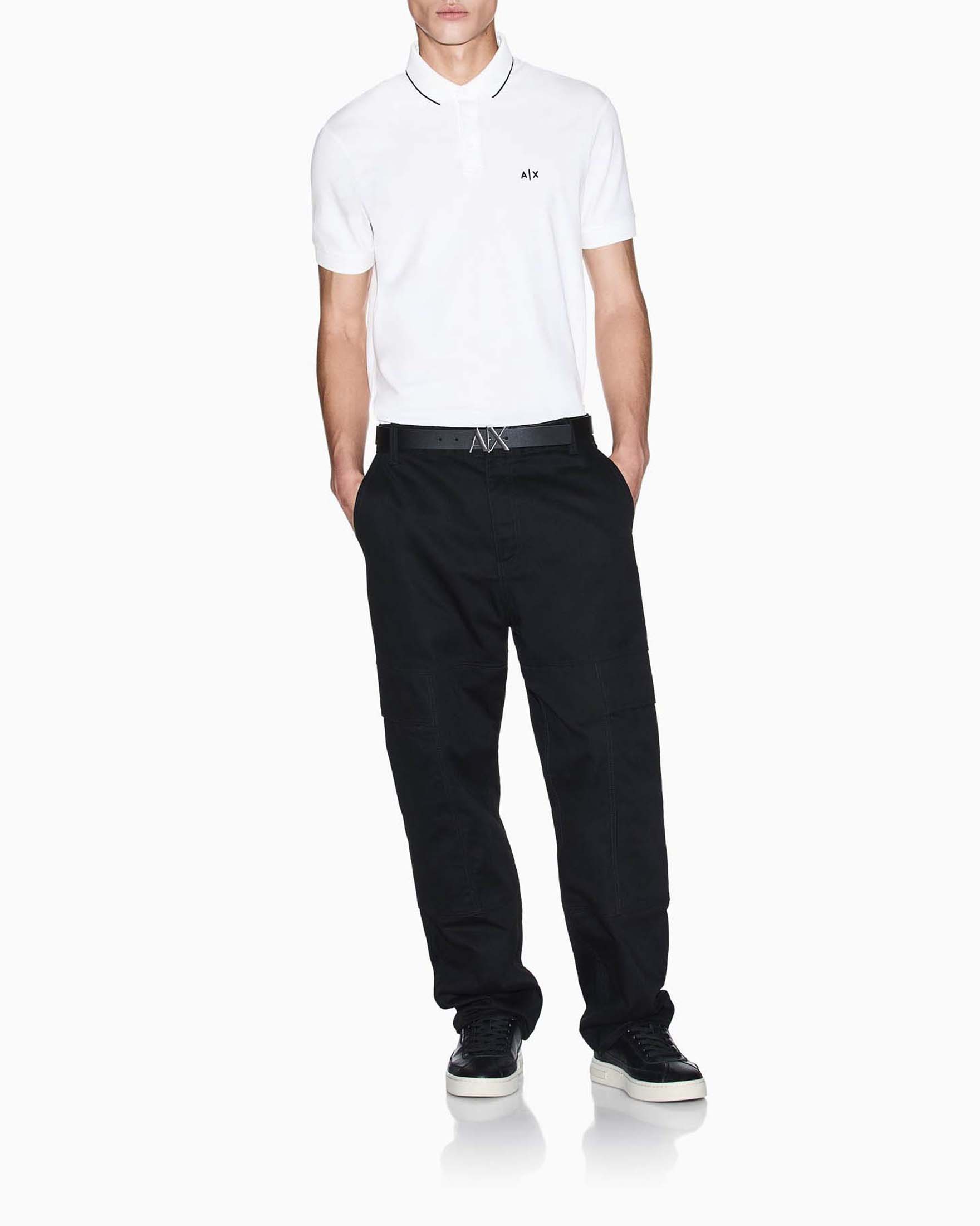 Polo Exchange bianca in cotone elasticizzato con bordino e logo ricamato
