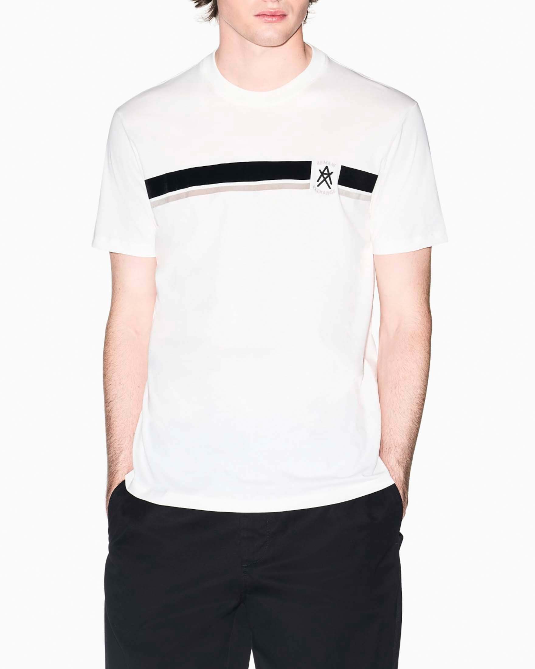 T-shirt mezza manica Exchange bianca in cotone con stampa logo a righe