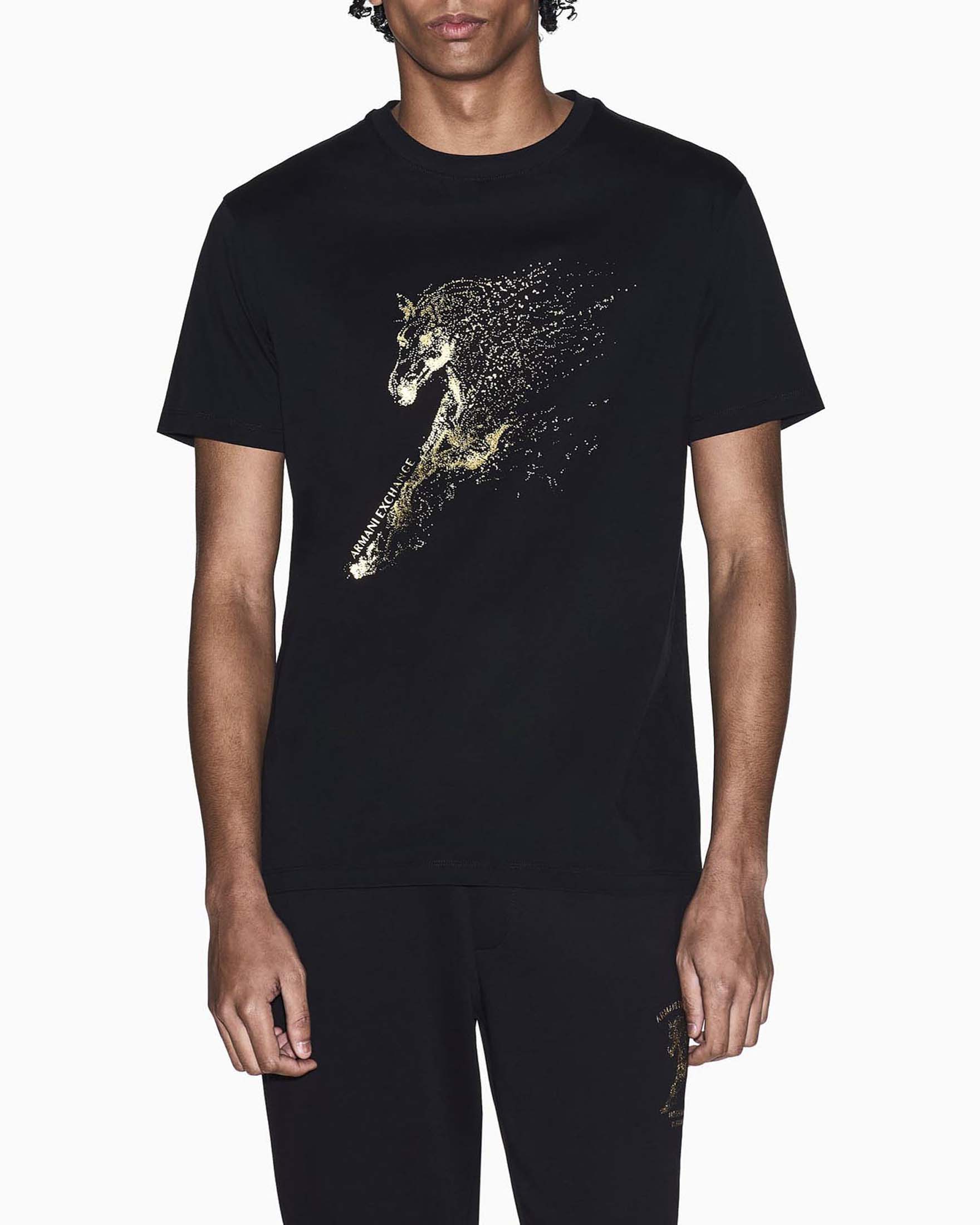 T-shirt mezza manica Exchange nera in cotone con stampa cavallo dorata