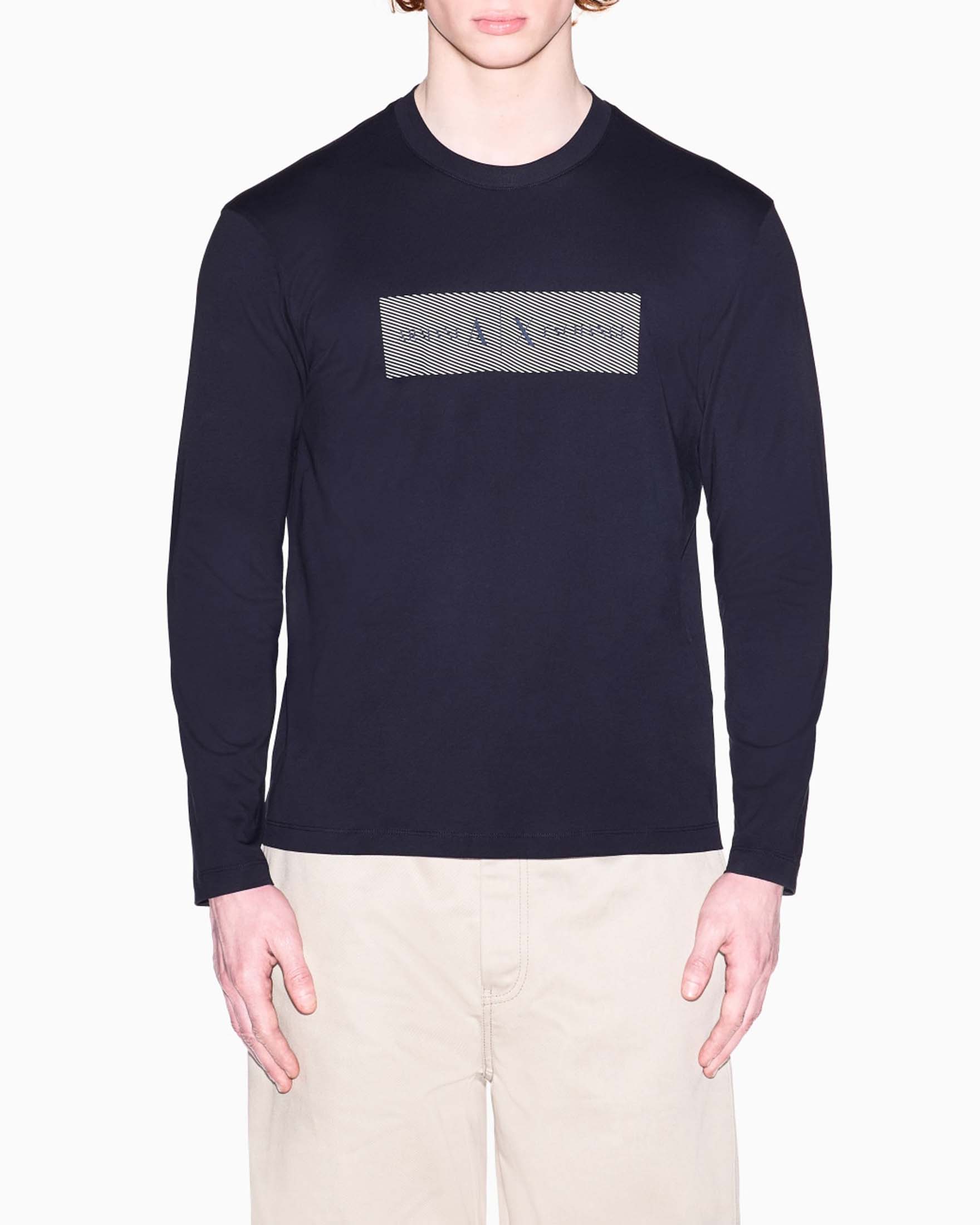 T-shirt a manica lunga Armani Exchange blu in cotone con stampa logo image