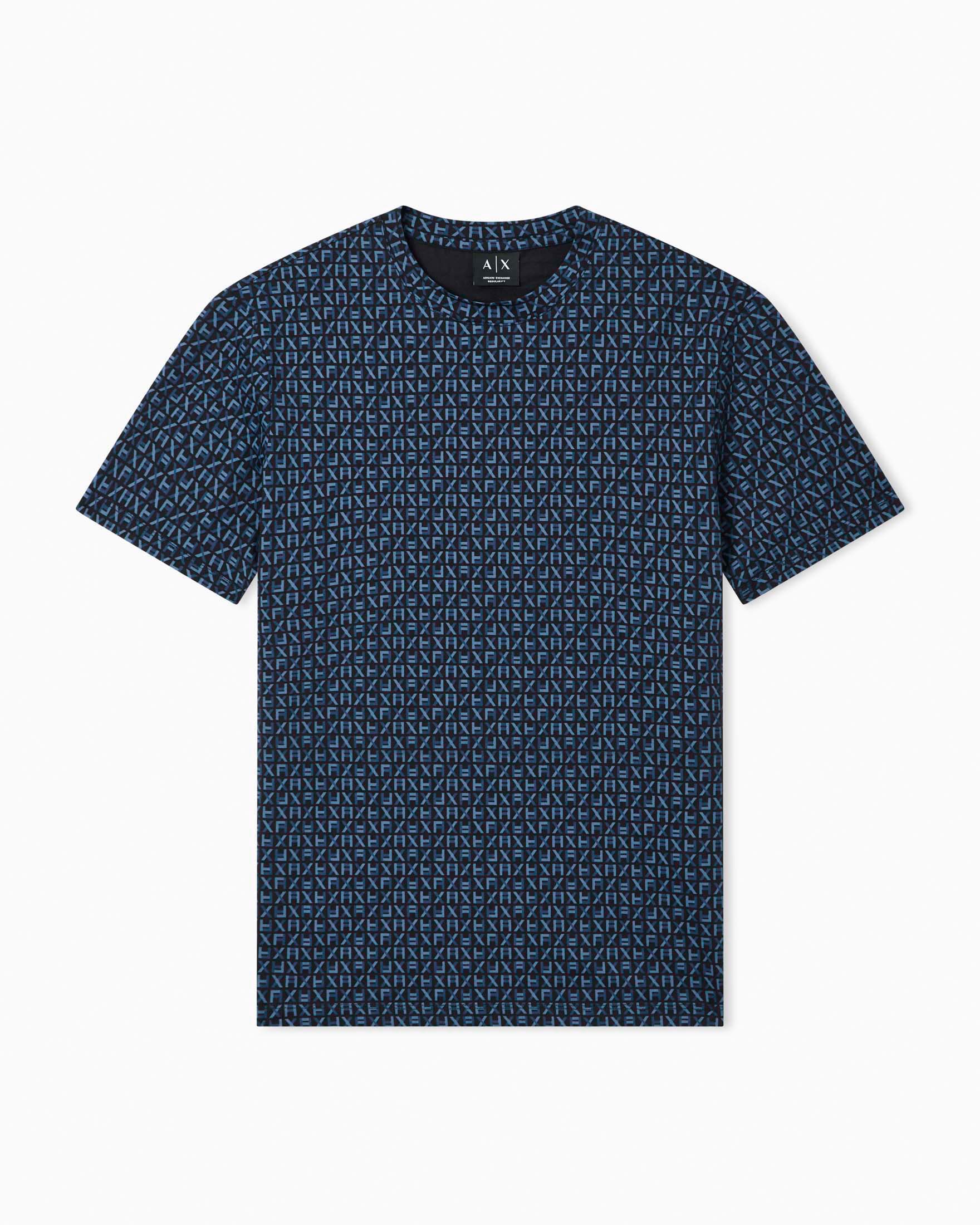 T-shirt mezza manica Armani Exchange blu in cotone con stampa logo monogramma all over