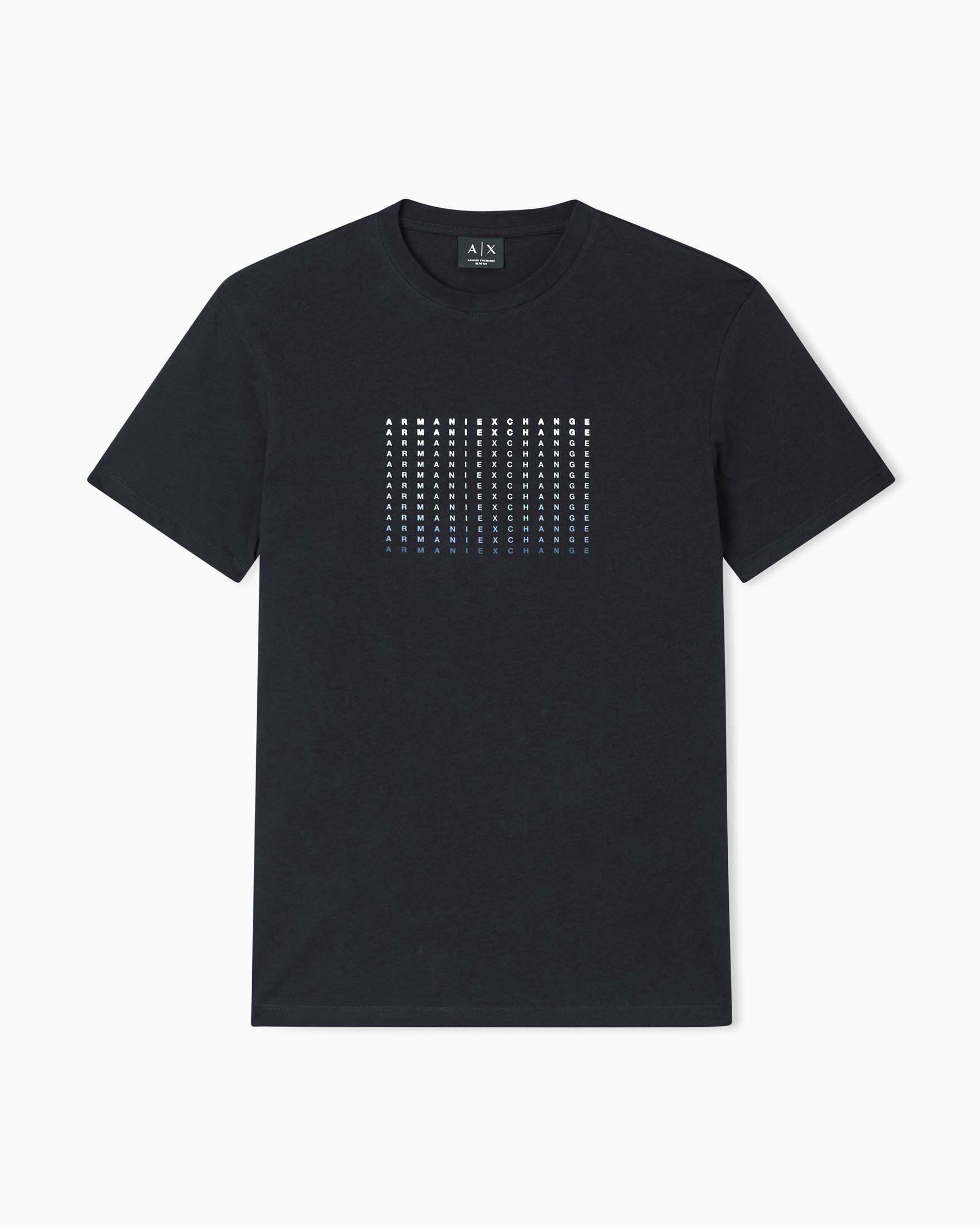 Armani Exchange — T-shirt mezza manica Armani Exchange blu in cotone con stampa multilogo