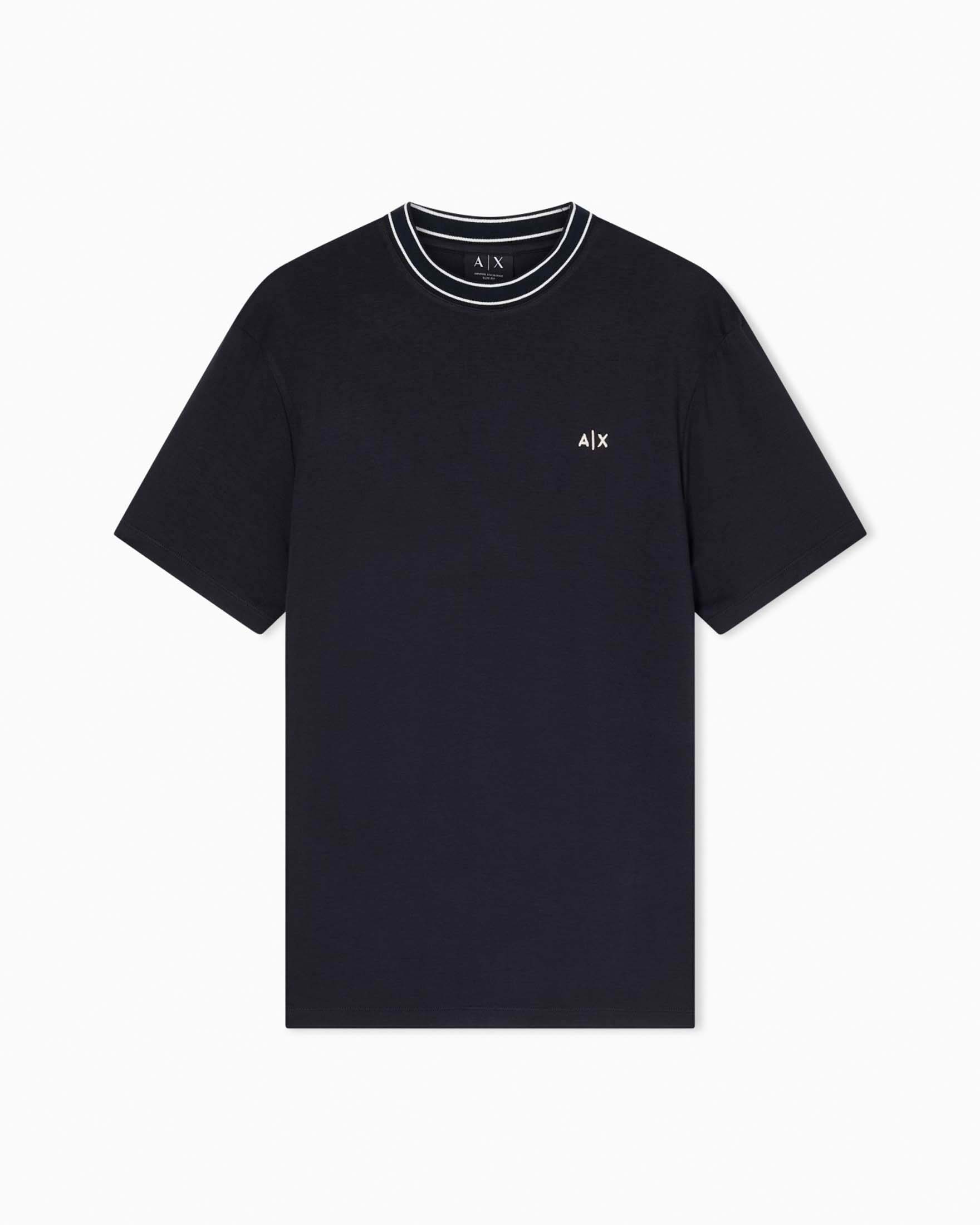 T-shirt mezza manica Exchange blu in viscosa stretch con bordino e logo ricamato