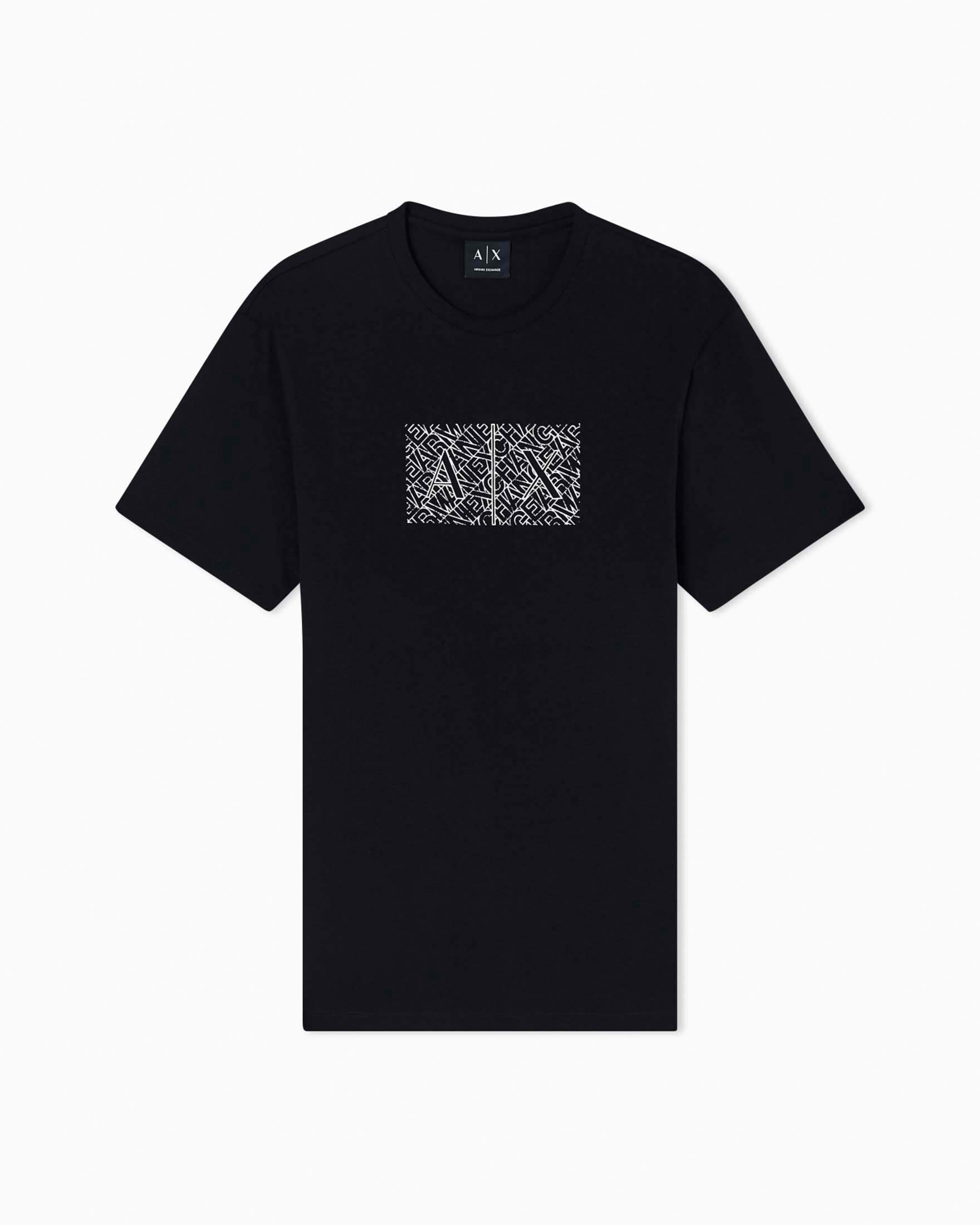 T-shirt Exchange nera in cotone con stampa geometrica e logo