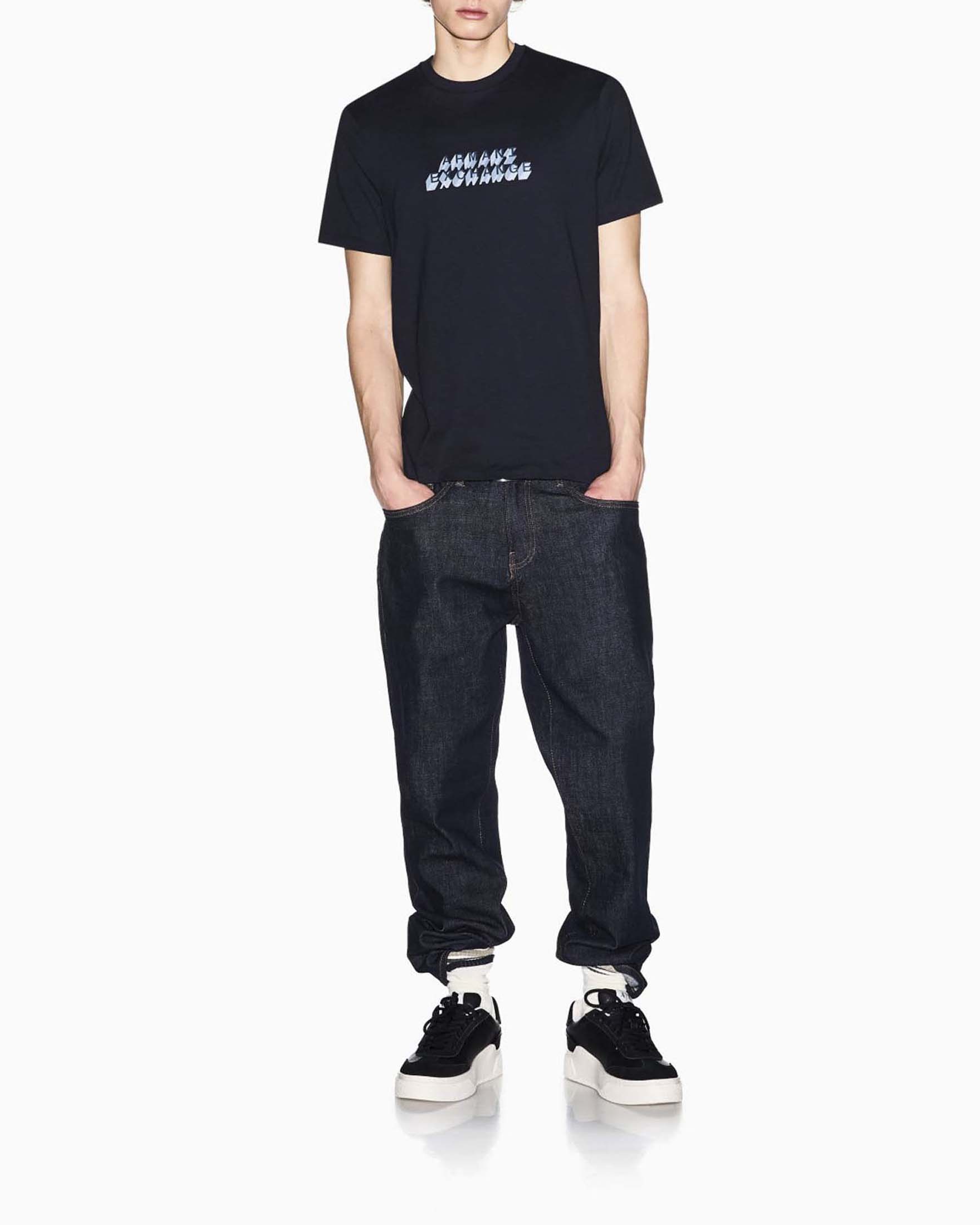 T-shirt Exchange blu in cotone con stampa logo 3D