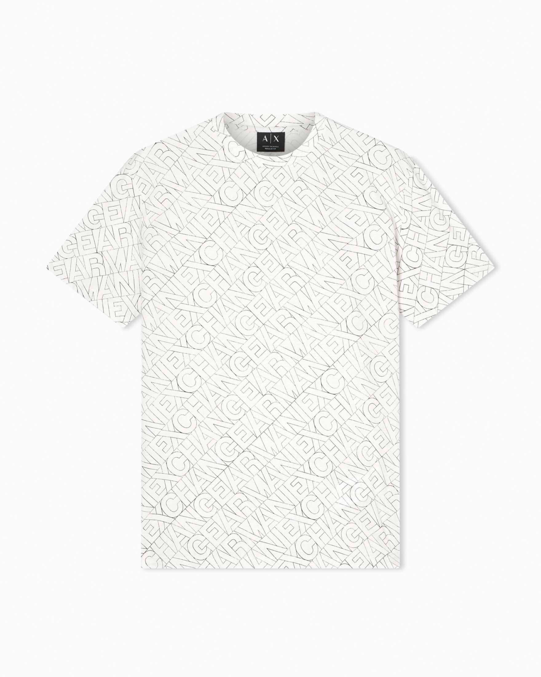 T-shirt Armani Exchange panna in cotone con logo scritta all-over