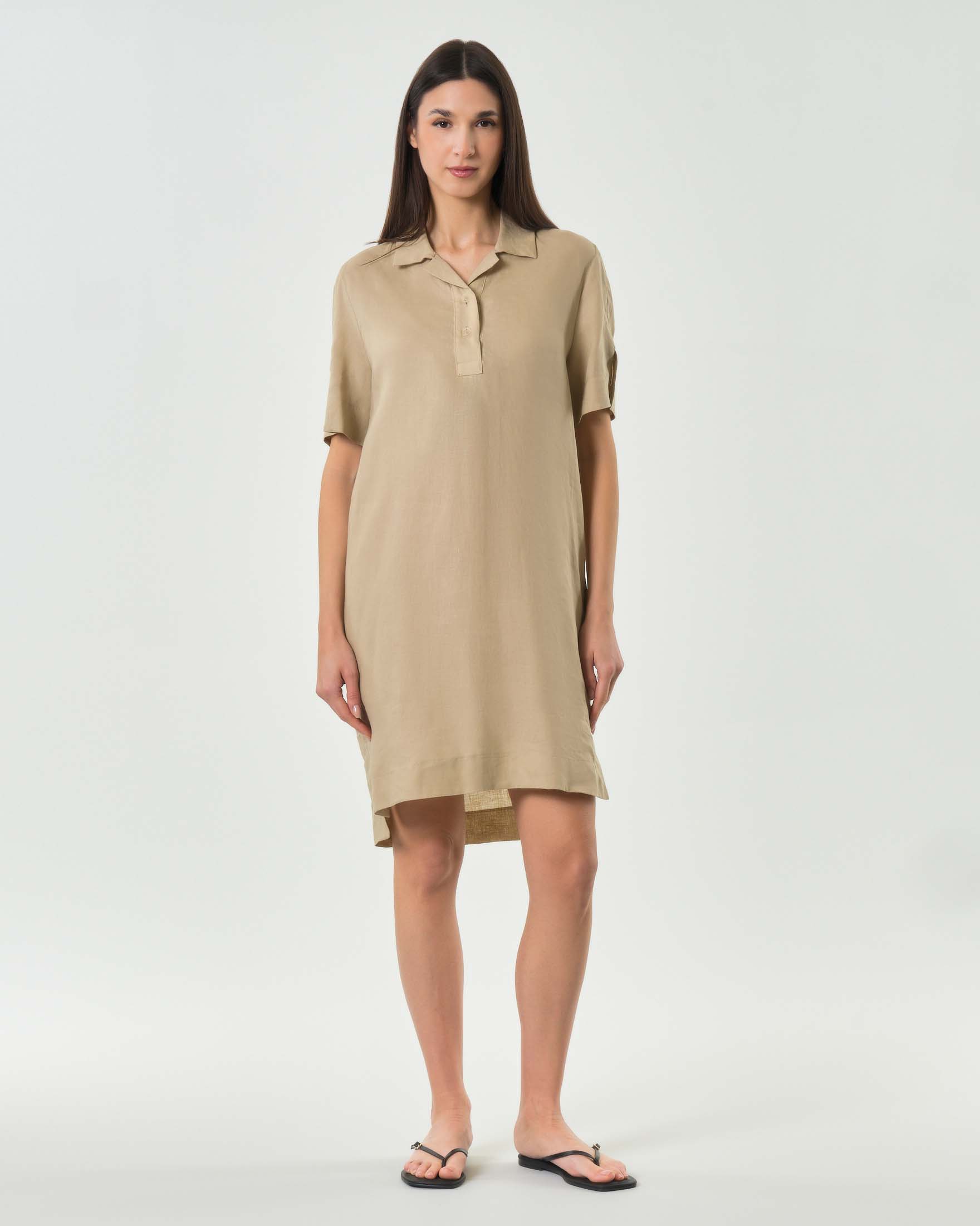Abito corto Colmar Originals beige in puro lino con colletto a camicia