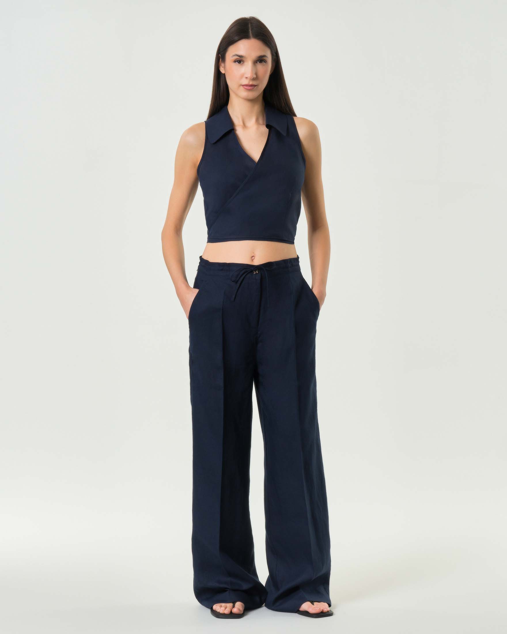 Pantaloni blu Colmar Originals a palazzo in puro lino con elastico e coulisse in vita