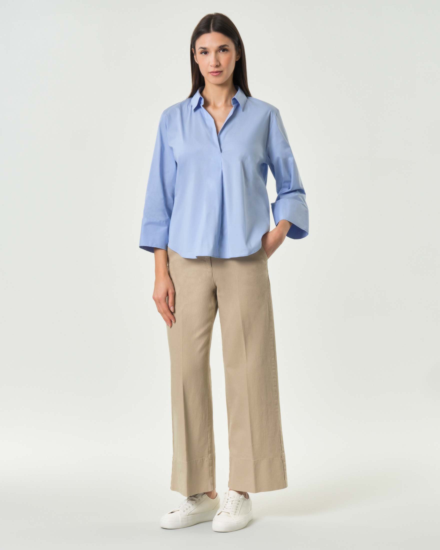 Pantaloni beige Sport wide leg in bull di cotone stretch